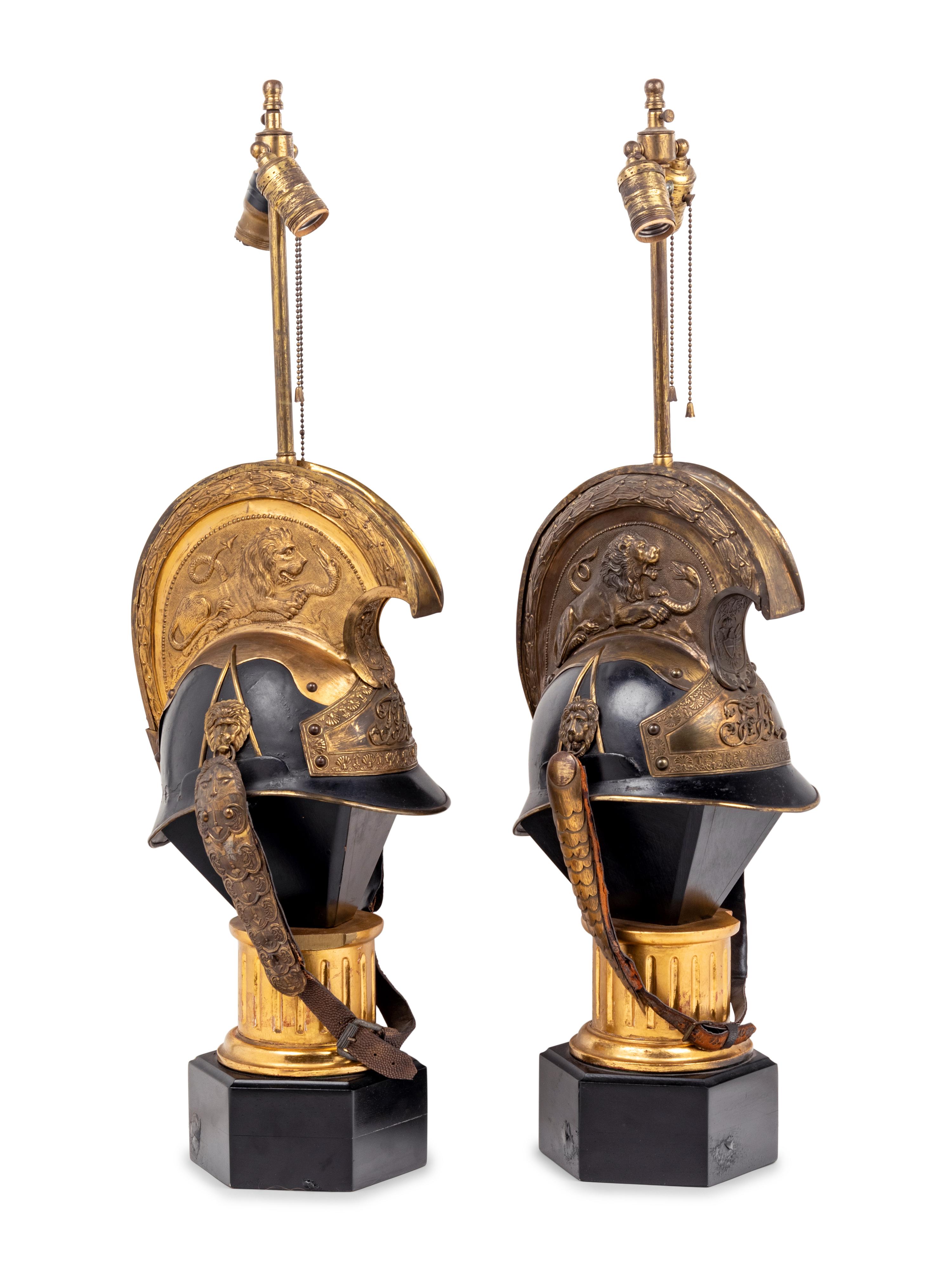 A Pair of Continental Parade Helmets Mounted as Lamps