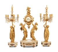 A Louis XVI Style Gilt Bronze and Marble Figural Clock Garniture