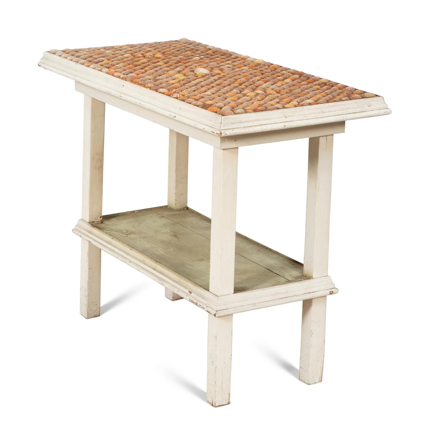 A Shell Inlaid and Painted Two-Tiered Accent Table