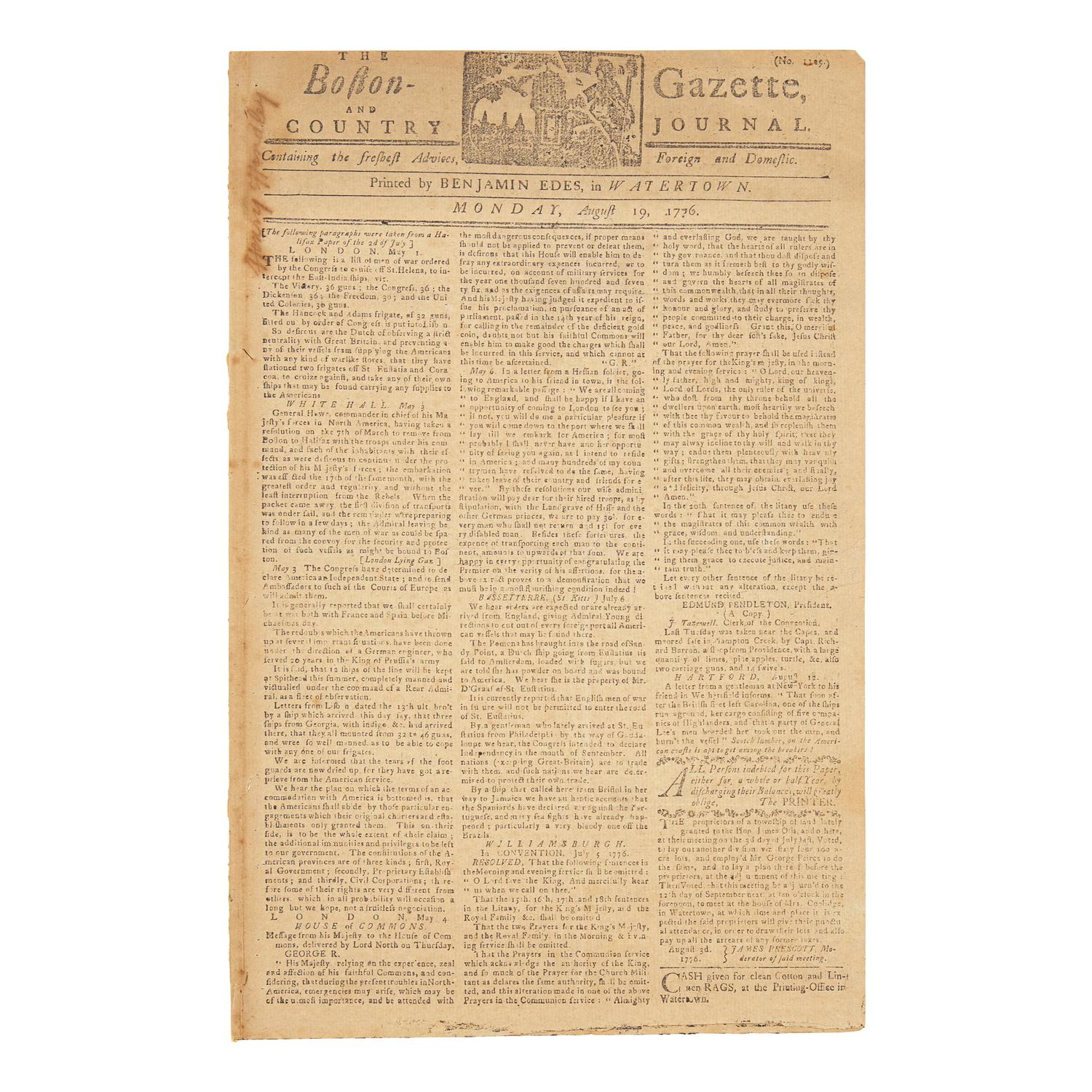 [American Revolution] The Boston-Gazette, and Country Journal, Reporting on the Posting of the Declaration of Independence in Boston