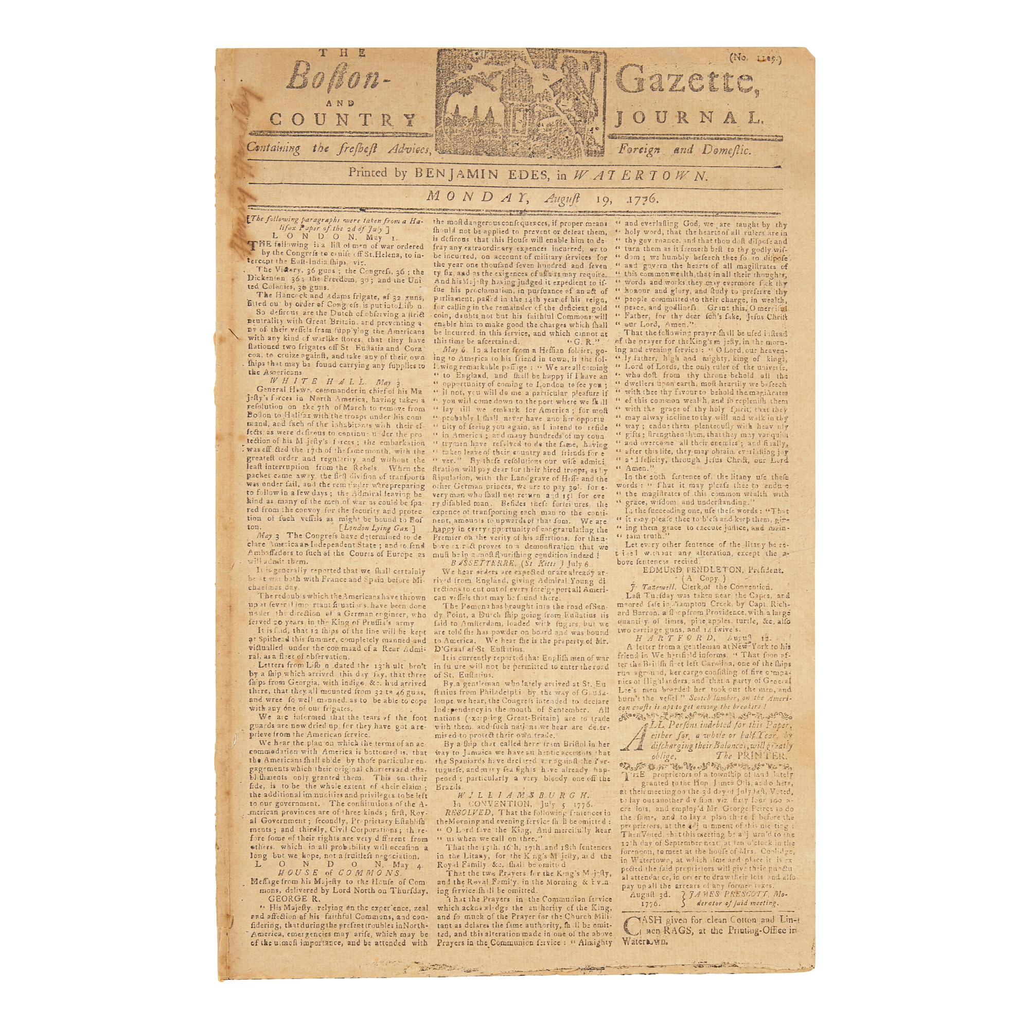 [American Revolution] The Boston-Gazette, and Country Journal, Reporting on the Posting of the Declaration of Independence in Boston