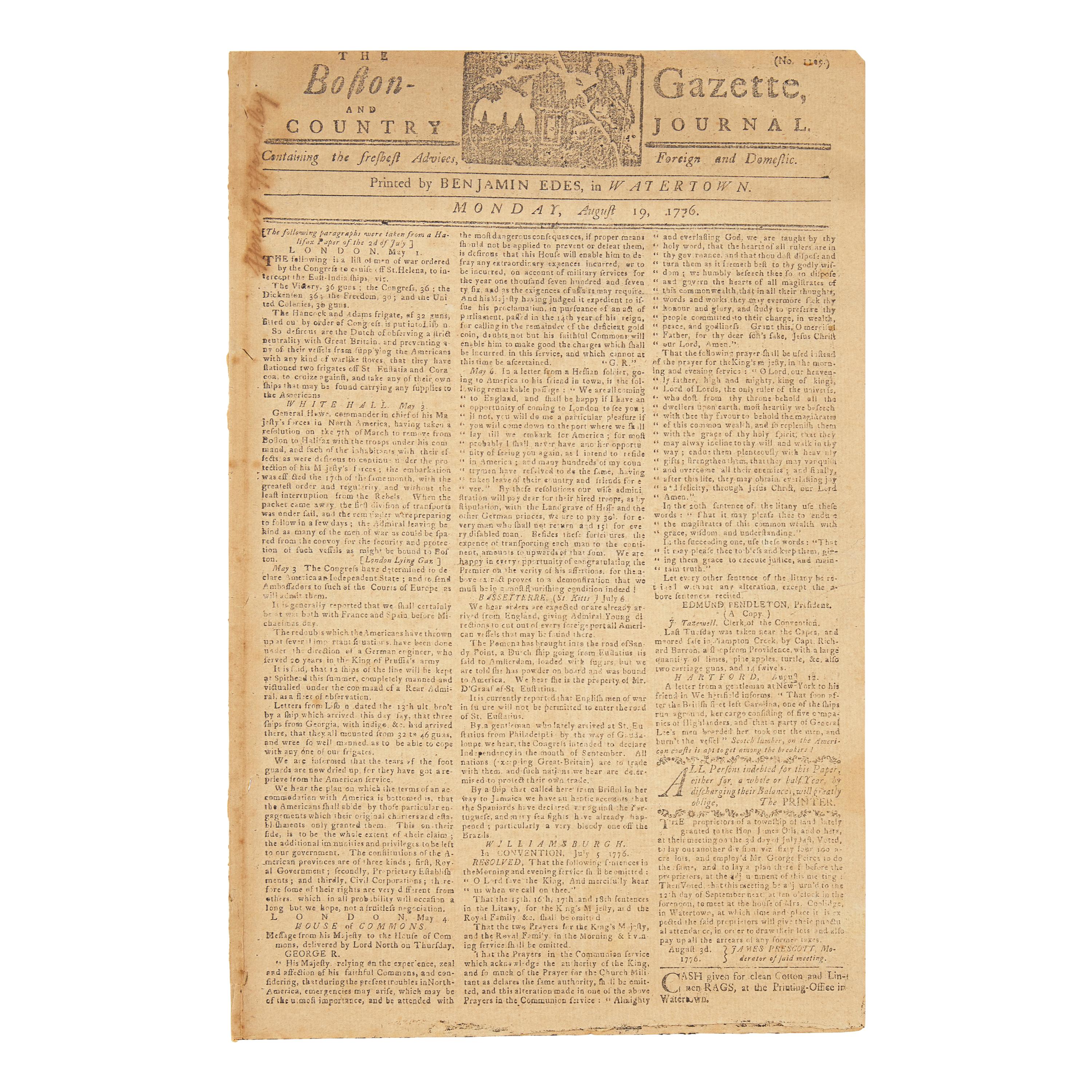 [American Revolution] The Boston-Gazette, and Country Journal, Reporting on the Posting of the Declaration of Independence in Boston
