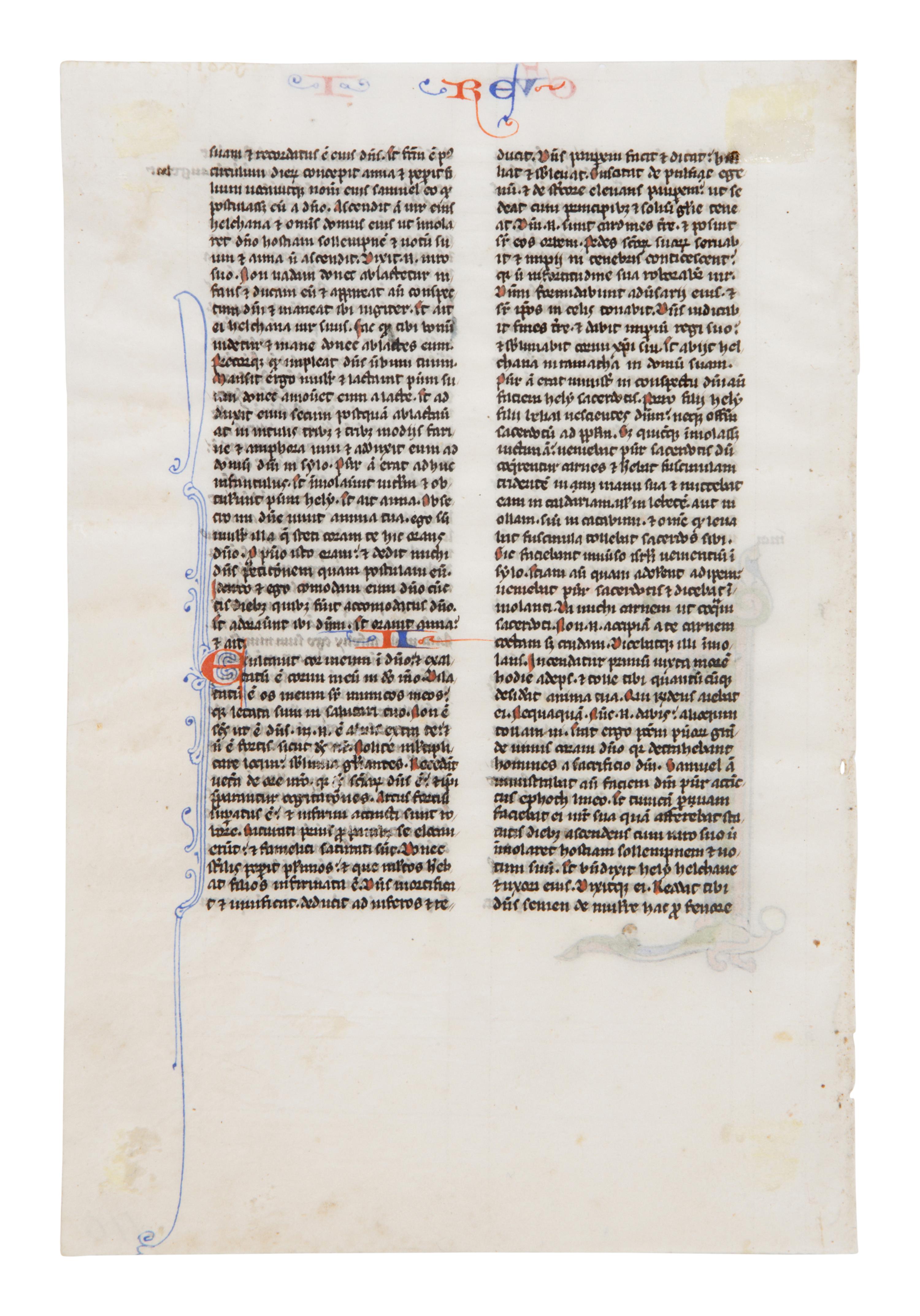 JOHANNES GRUSCH ATELIER (active Paris c. 1230s–1270s) Single leaf with historiated Initial ‘F’ with The Killing of the Sons of Heli from a Bible , in Latin, illuminated manuscript on parchment [France, Paris, c. 1250]