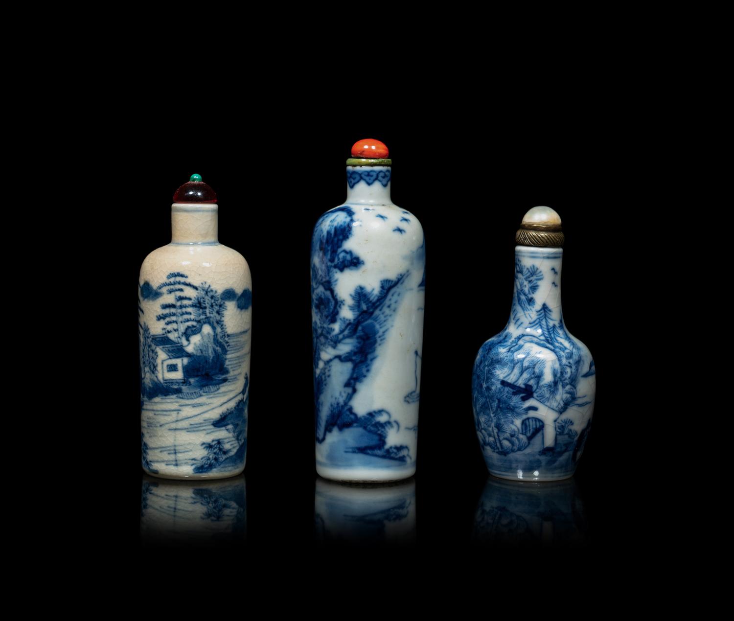Three Chinese Blue and White Porcelain 'Fishing' Snuff Bottles