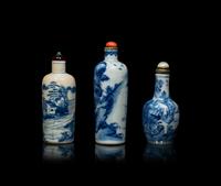 Three Chinese Blue and White Porcelain 'Fishing' Snuff Bottles