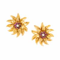 TIFFANY & CO., RUBY, DIAMOND, AND YELLOW GOLD FLOWER EARRINGS