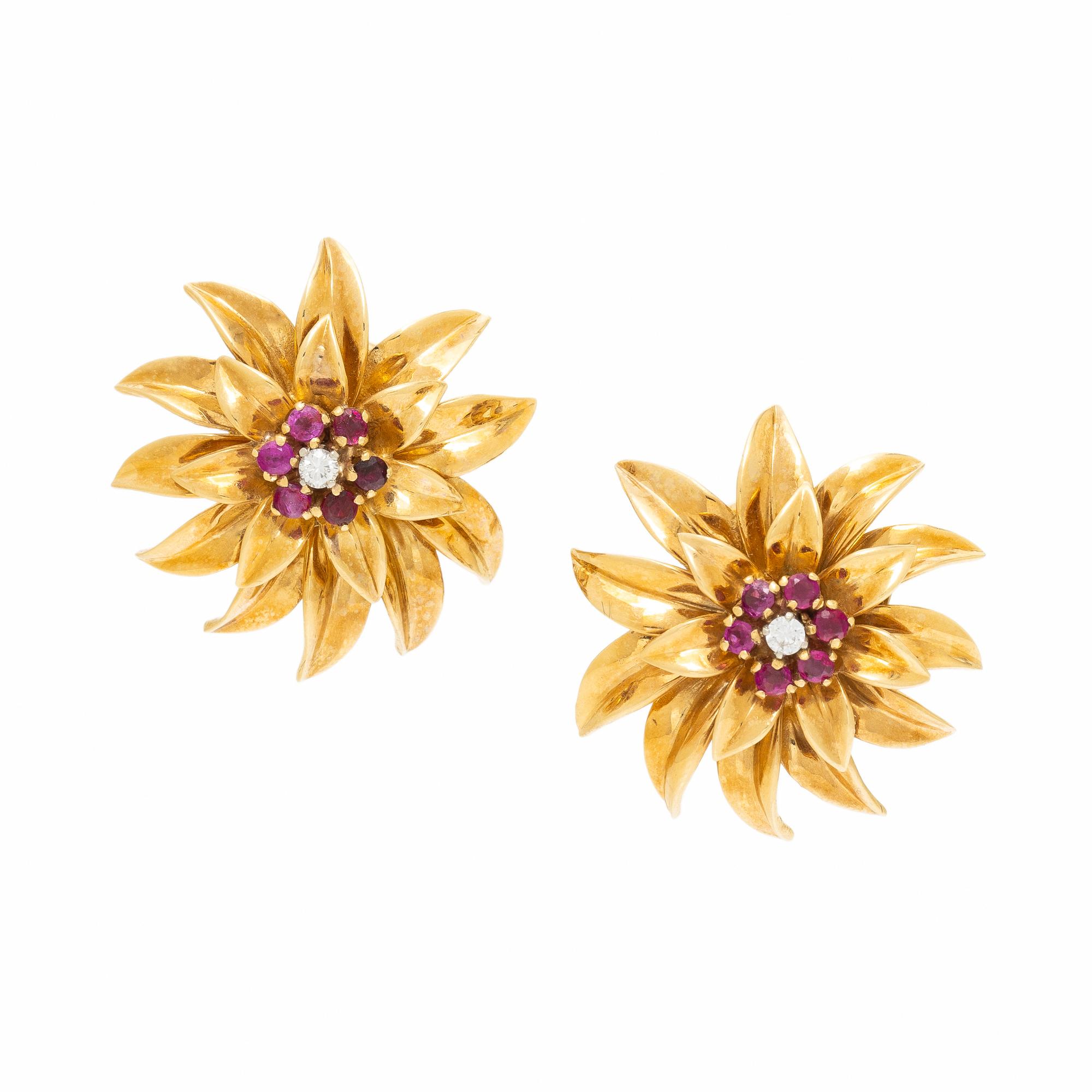 TIFFANY & CO., RUBY, DIAMOND, AND YELLOW GOLD FLOWER EARRINGS