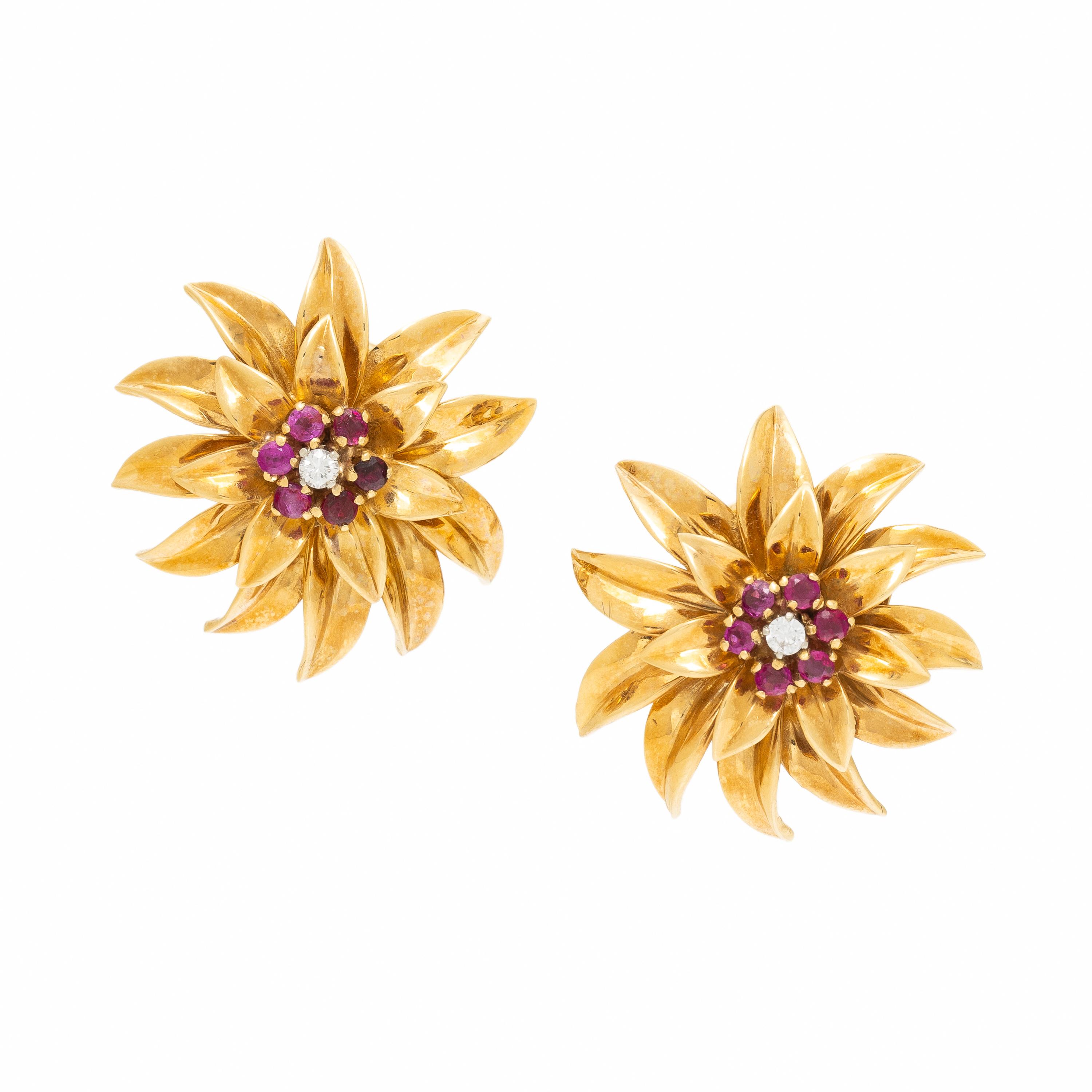 TIFFANY & CO., RUBY, DIAMOND, AND YELLOW GOLD FLOWER EARRINGS