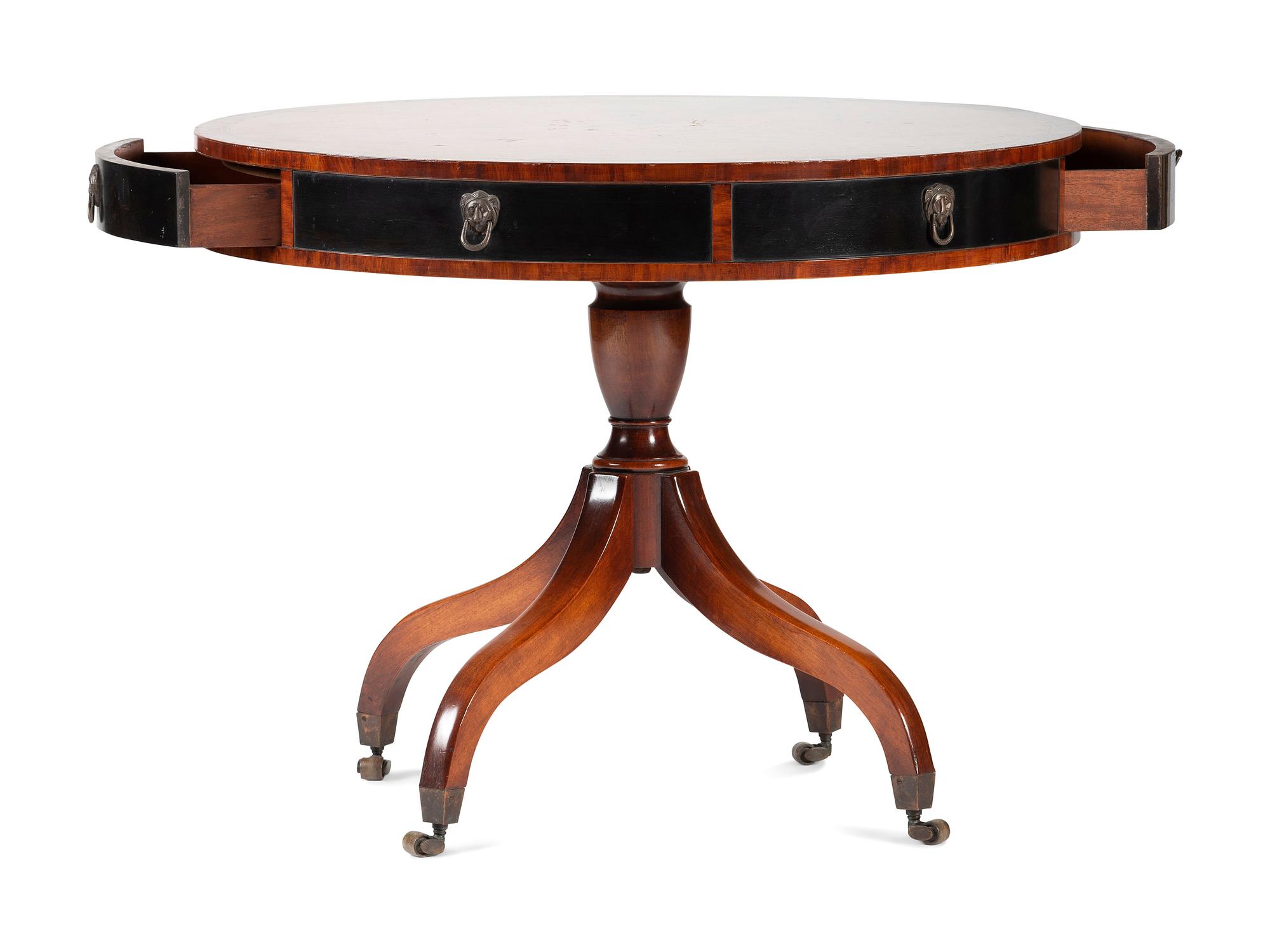 A Georgian Style Parcel Ebonized and Inlaid Burl-Walnut Drum Table