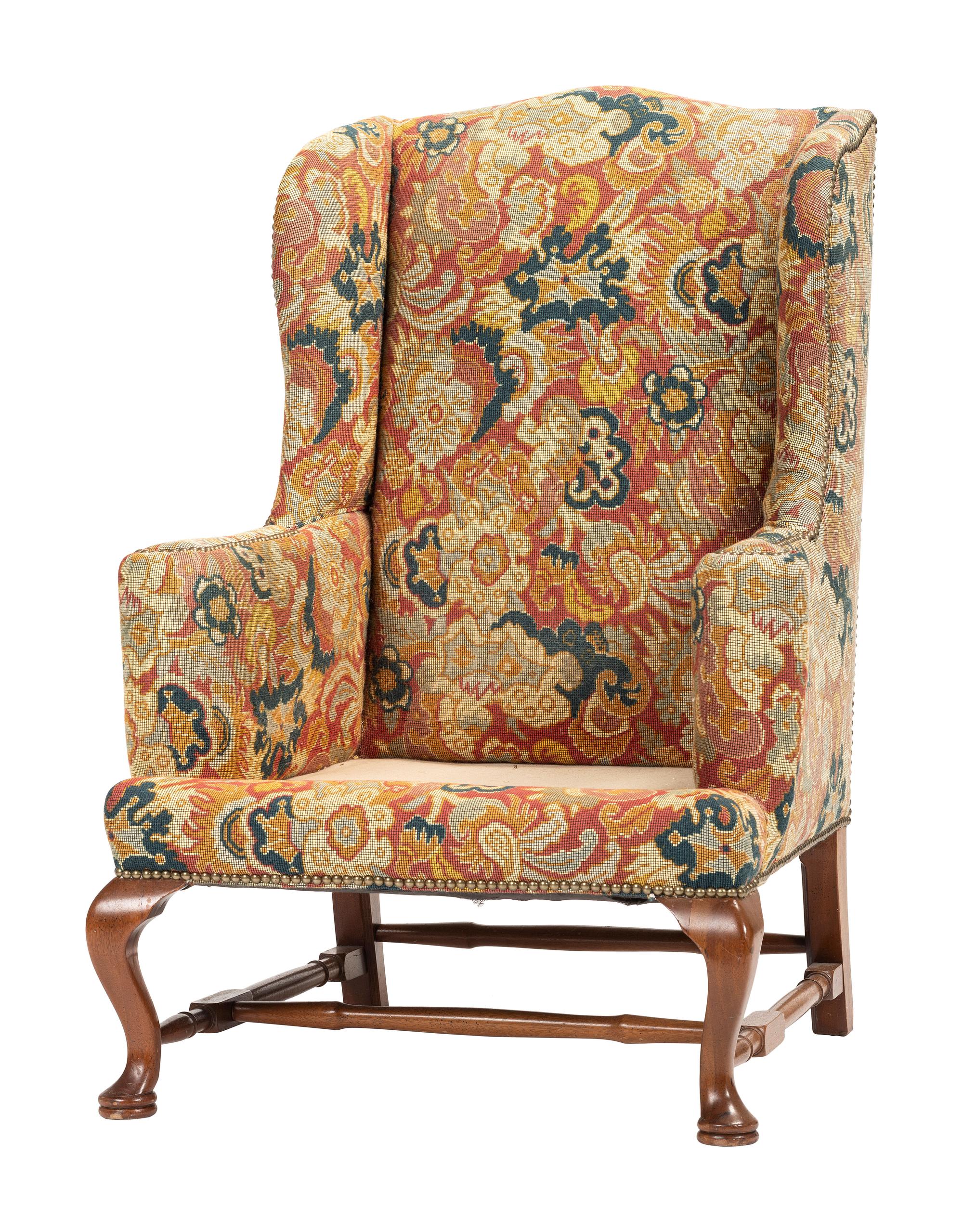 A Queen Anne-Style Mahogany and Upholstered Wingback Chair