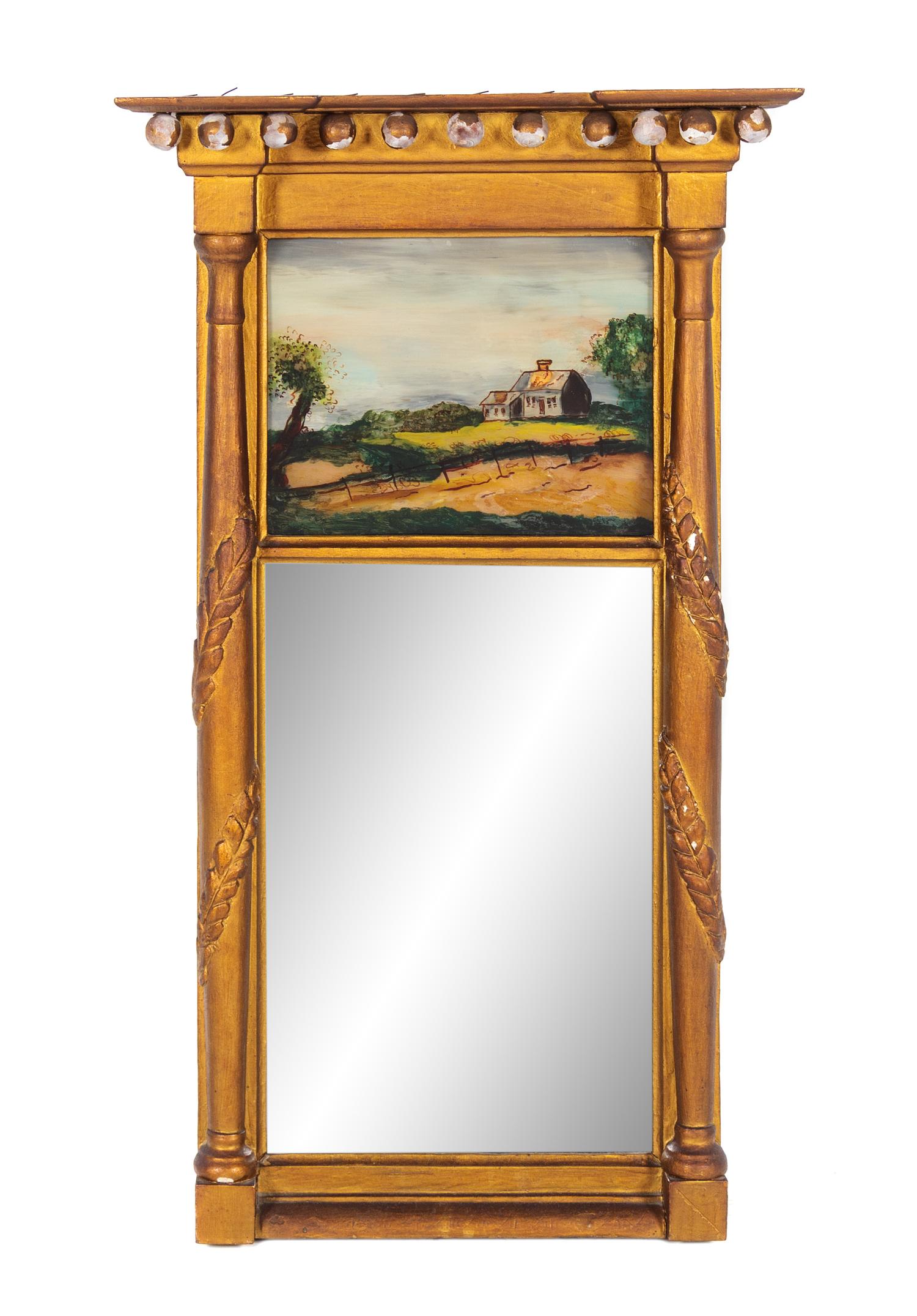 A Federal Style Giltwood Reverse Painted Trumeau Mirror