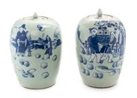 Four Chinese Celadon Ground Underglaze Blue Porcelain Ginger Jars Height of tallest 11 inches. — 19TH CENTURY