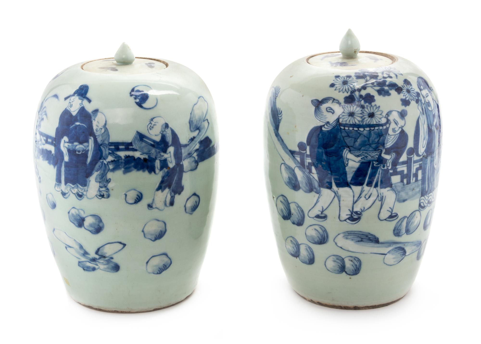 Four Chinese Celadon Ground Underglaze Blue Porcelain Ginger Jars Height of tallest 11 inches. — 19TH CENTURY