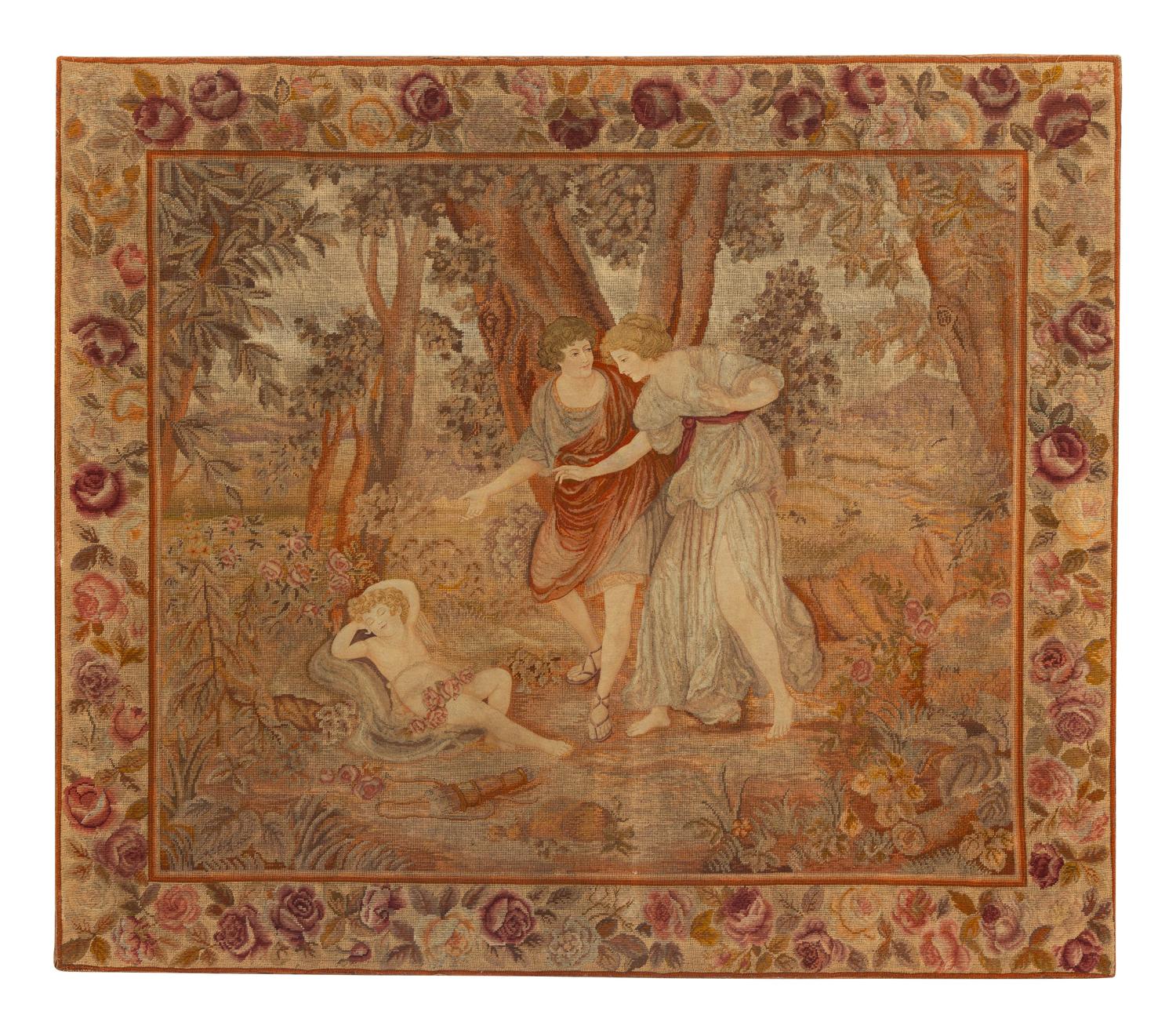 A Tapestry Panel Depicting a Couple Observing a Sleeping Putto
