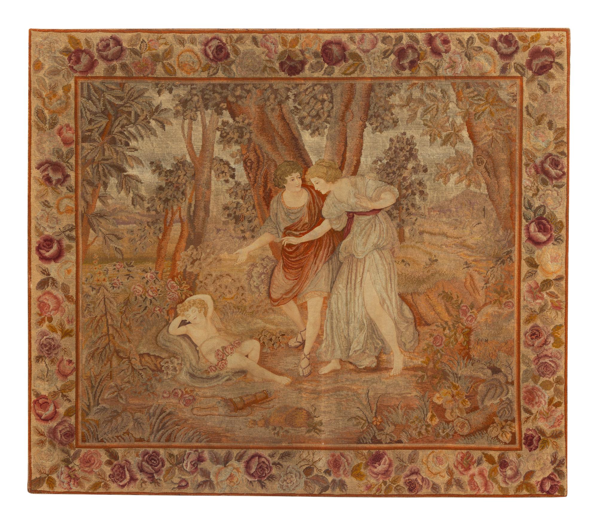 A Tapestry Panel Depicting a Couple Observing a Sleeping Putto