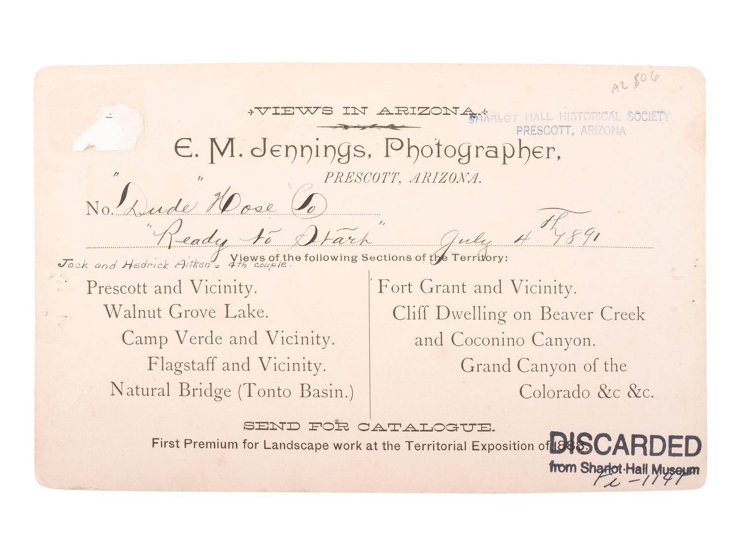[WESTERN AMERICANA]. JENNINGS, E.M., photographer. Boudoir photograph of the "Dude" Hose Company. Prescott, Arizona Territory: 1891.
