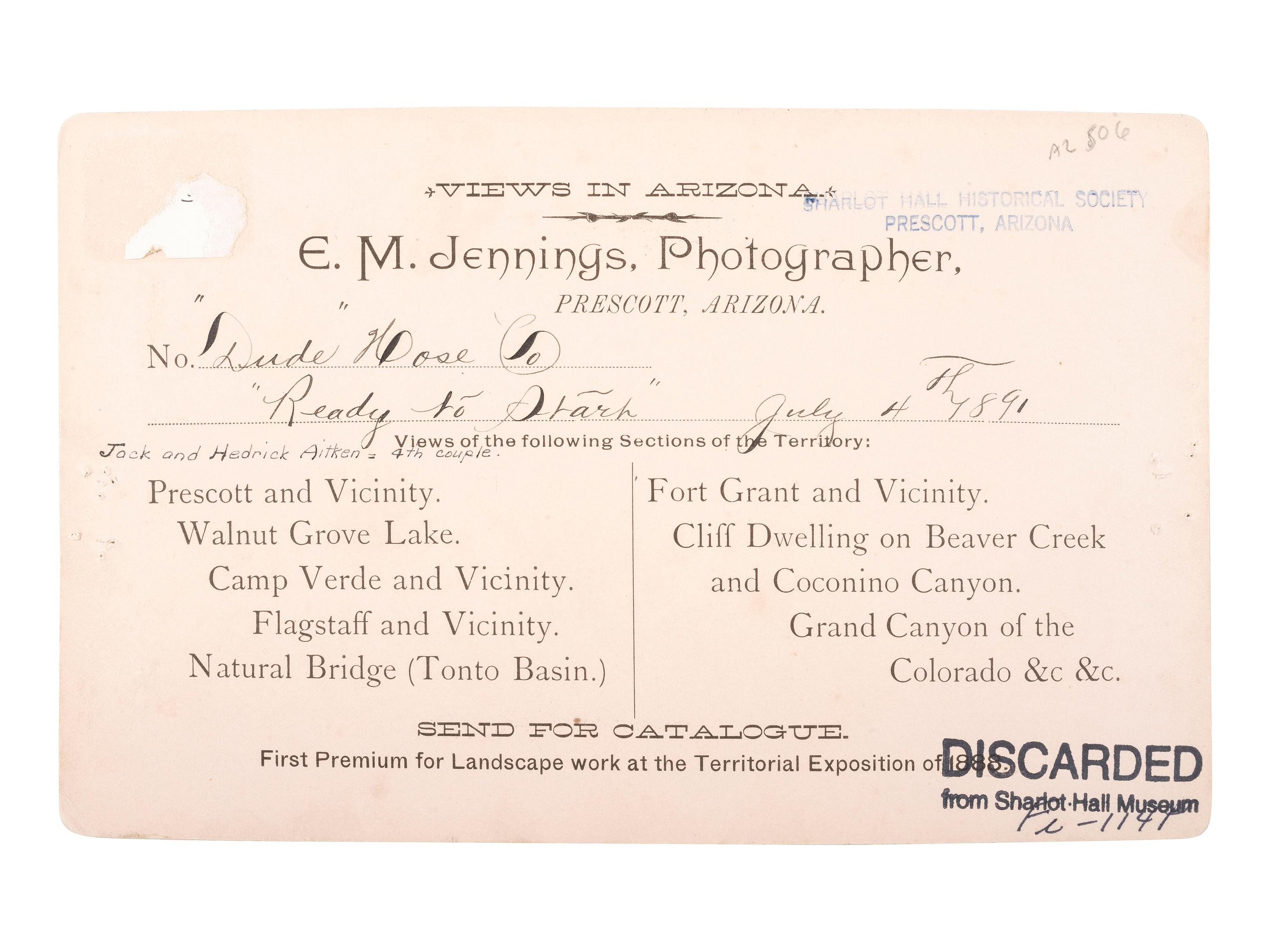 [WESTERN AMERICANA]. JENNINGS, E.M., photographer. Boudoir photograph of the "Dude" Hose Company. Prescott, Arizona Territory: 1891.