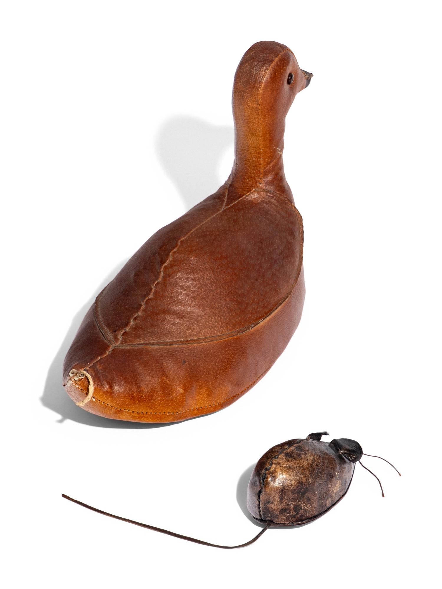 Leather Duck-Form Doorstop and Mouse-Form Paperweight