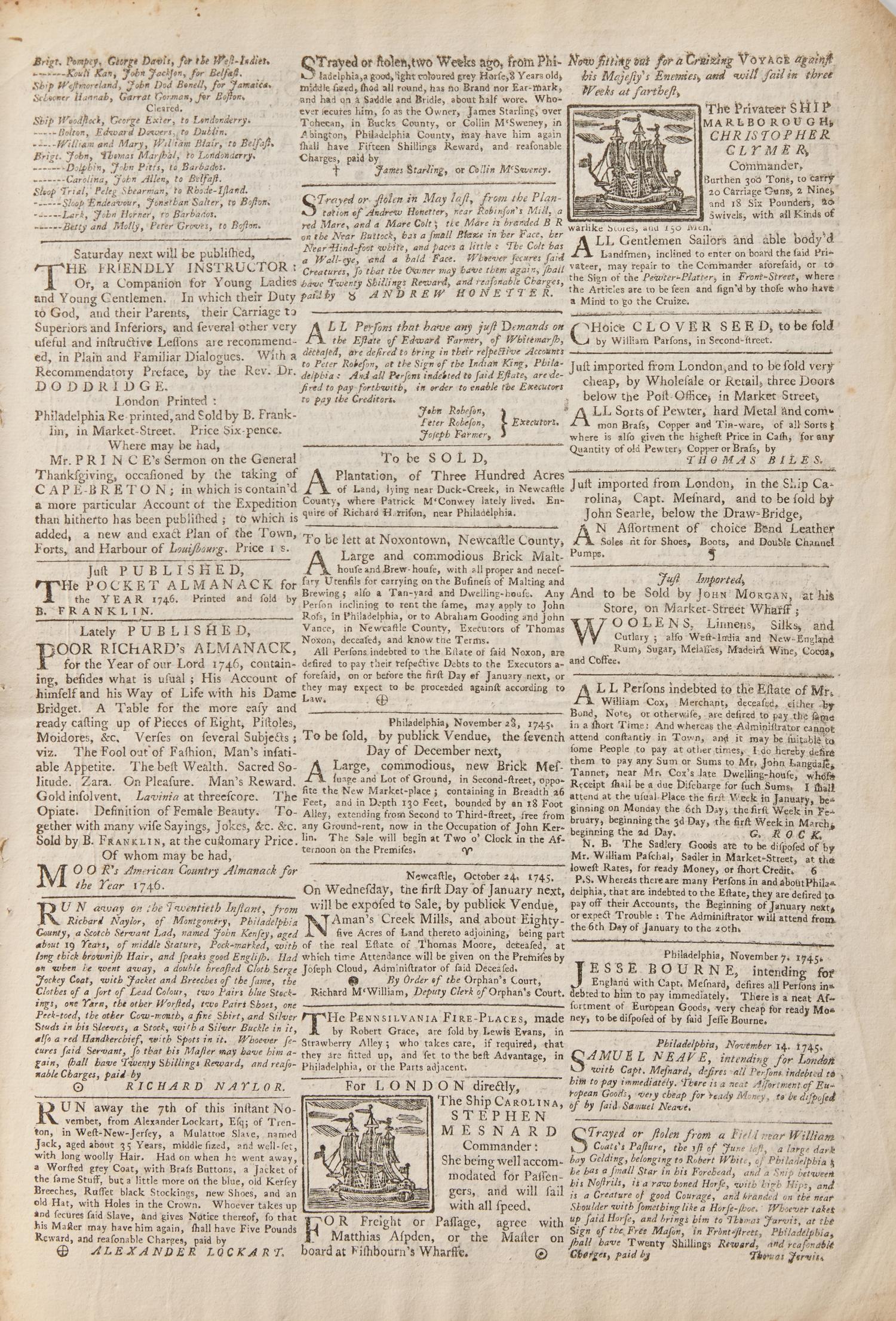 [Franklin, Benjamin] Scarce Issue of The Pennsylvania Gazette for November 28, 1745, With the Burning of Saratoga, Printed by Benjamin Franklin