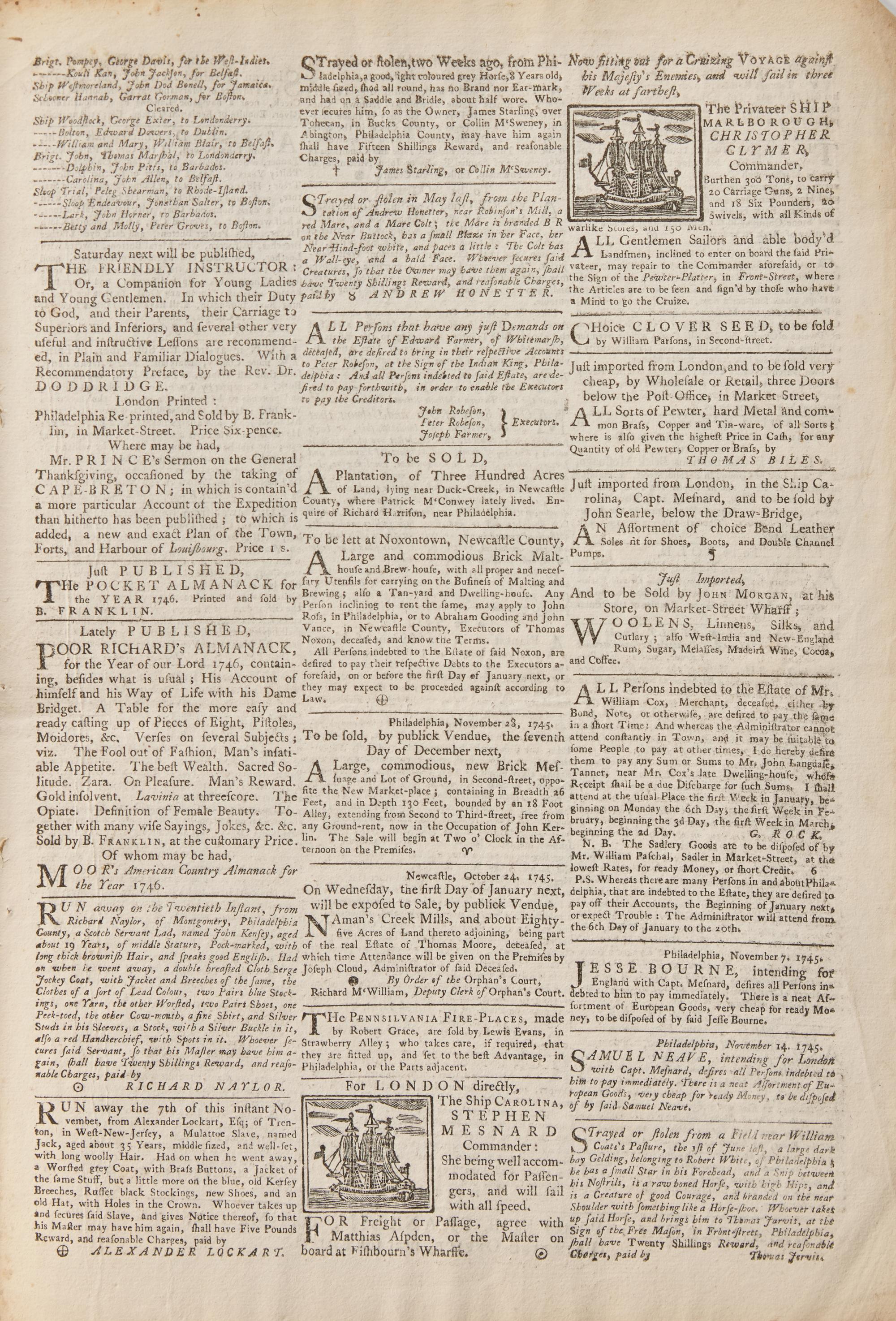 [Franklin, Benjamin] Scarce Issue of The Pennsylvania Gazette for November 28, 1745, With the Burning of Saratoga, Printed by Benjamin Franklin