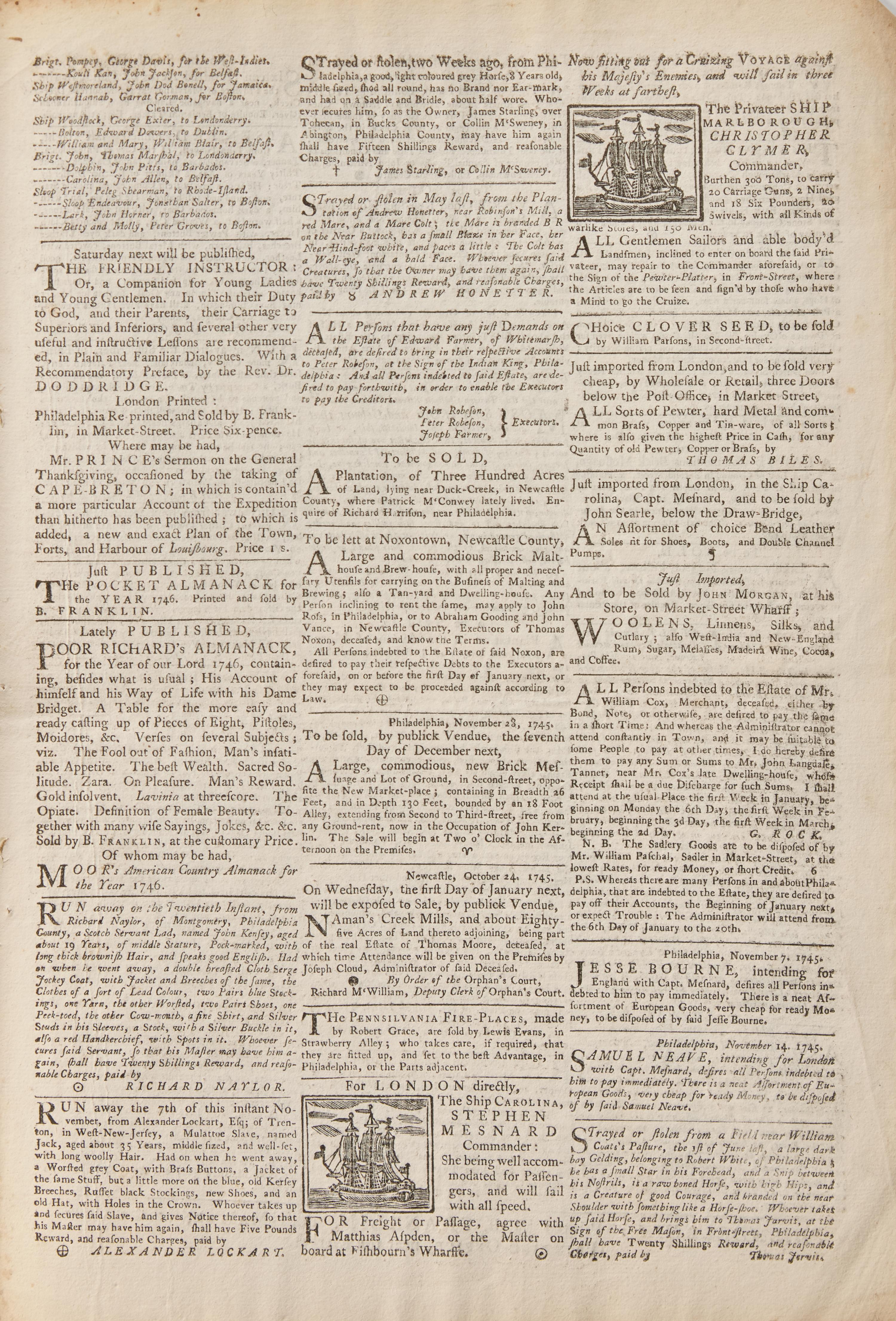 [Franklin, Benjamin] Scarce Issue of The Pennsylvania Gazette for November 28, 1745, With the Burning of Saratoga, Printed by Benjamin Franklin