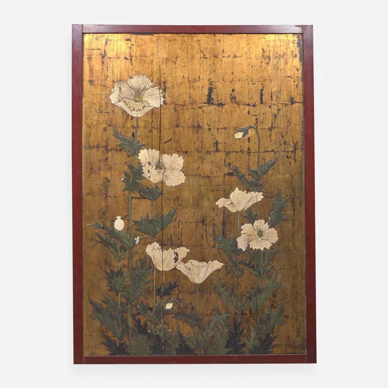 A pair of large Japanese gold-ground "Poppies" panels 日本金地罌粟花大屏風一對 Edo period ????
