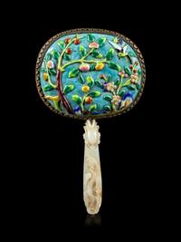 A Chinese Jade Inset Enameled Hand Mirror