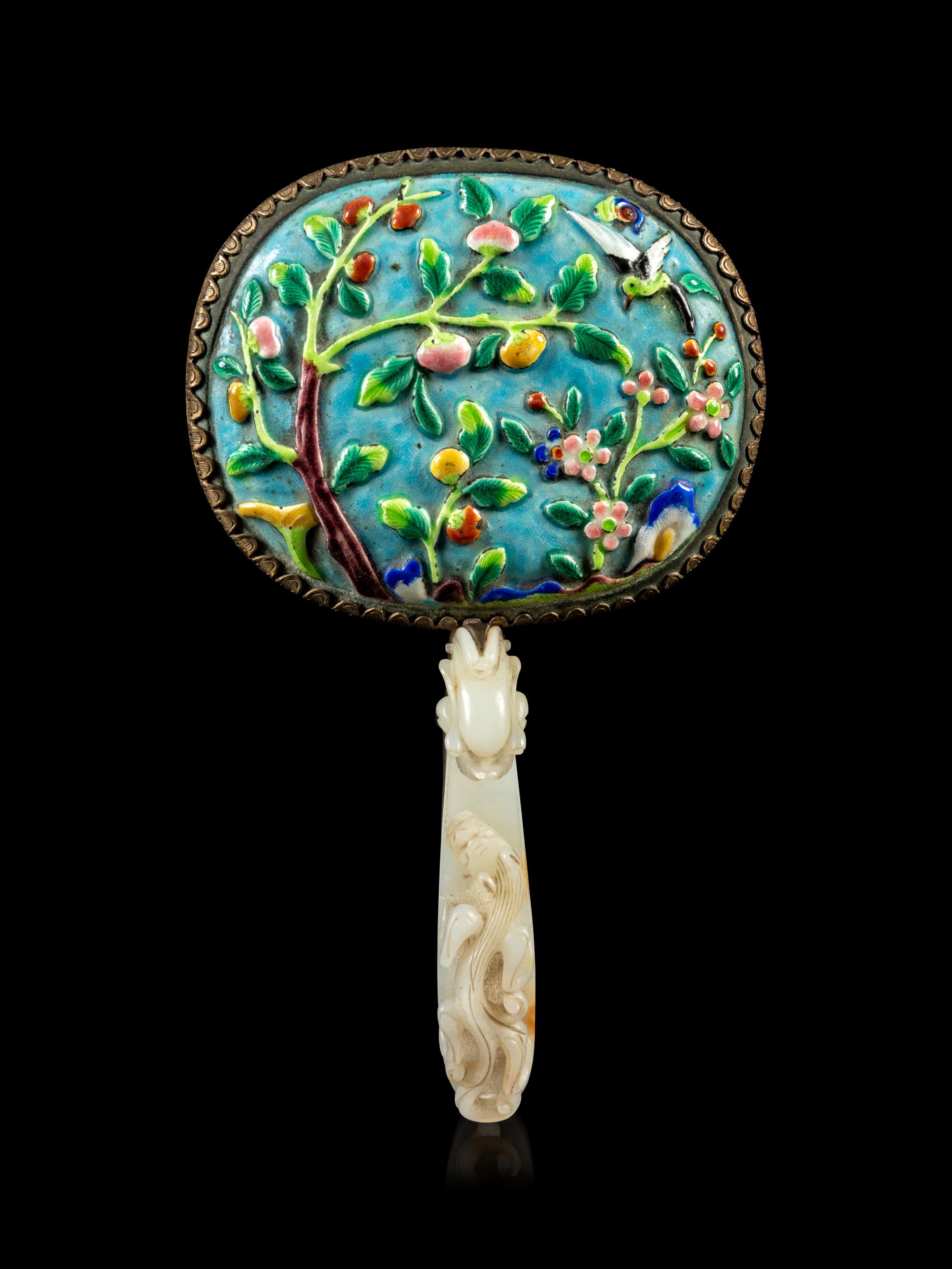 A Chinese Jade Inset Enameled Hand Mirror