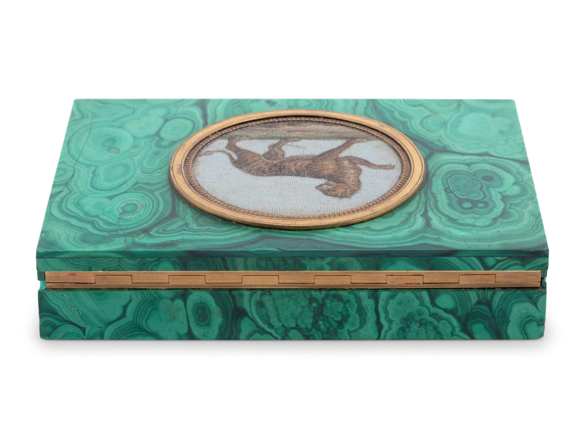 An Italian Micromosaic Tiger Plaque Set in a Malachite Box