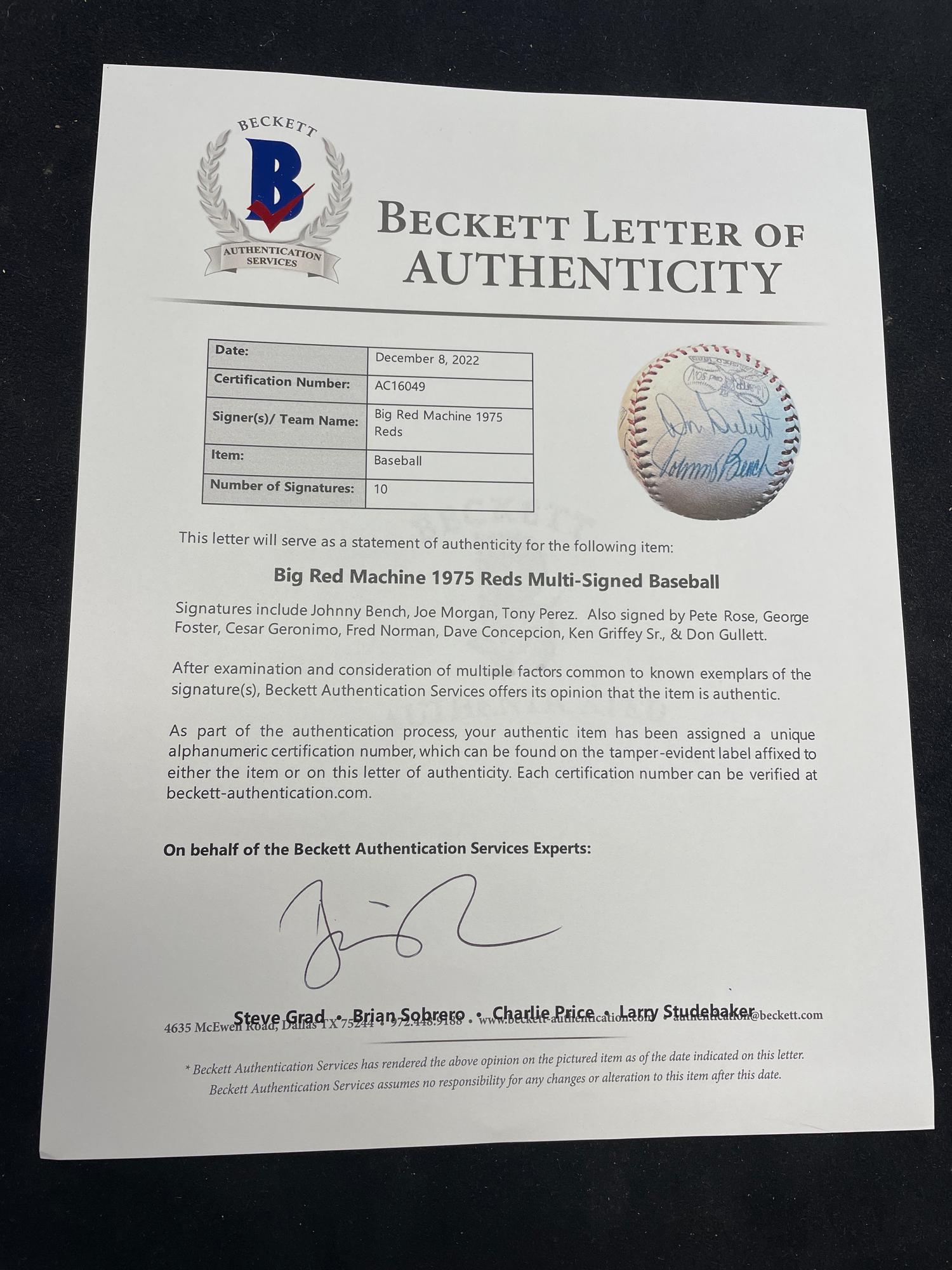 A 1975 Cincinnati Reds Big Red Machine Multi-Signed Autograph Baseball (Beckett Authentication Services Letter),