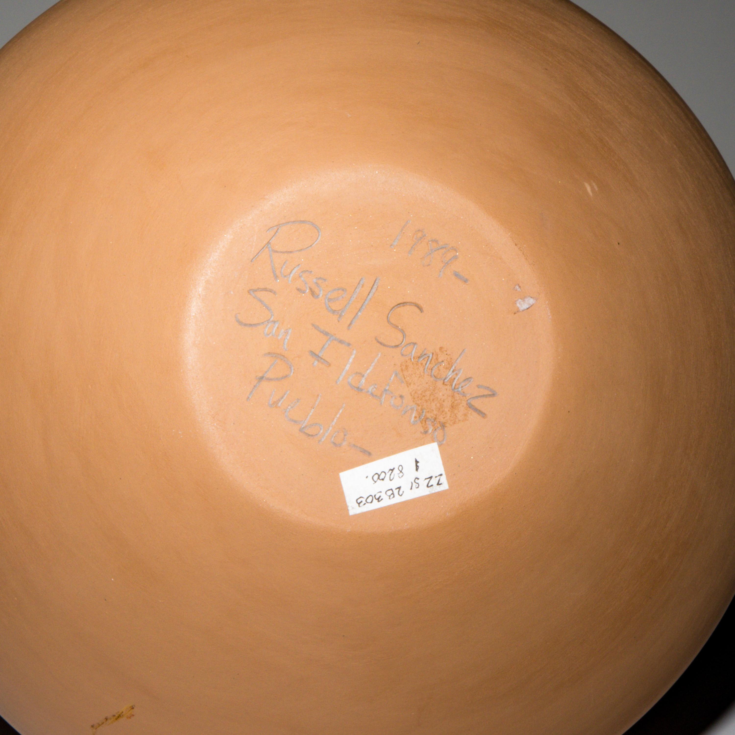 Russell Sanchez (San Ildefonso, b. 1963) — Two-toned Sienna Pottery Jar, with Lone Mountain Turquoise Cabochon, 1989