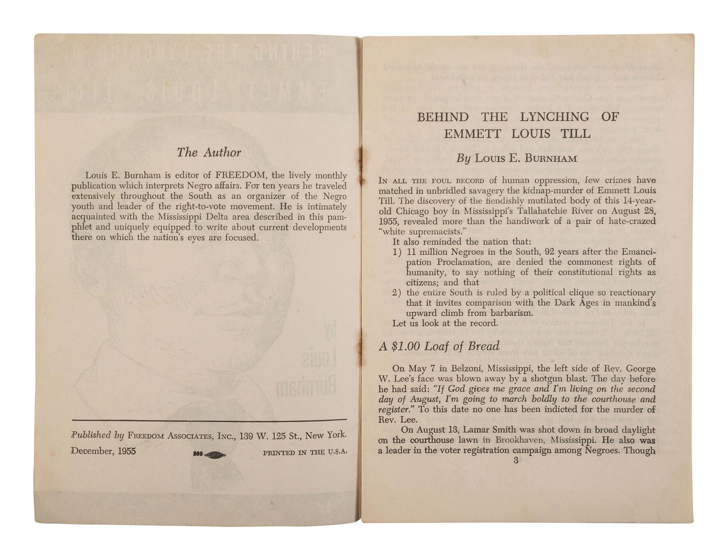 [TILL, EMMETT (1941-1955)]. BURNHAM, Louis E. Behind the Lynching of Emmet Louis Till. New York: Freedom Associates, Inc., 1955.