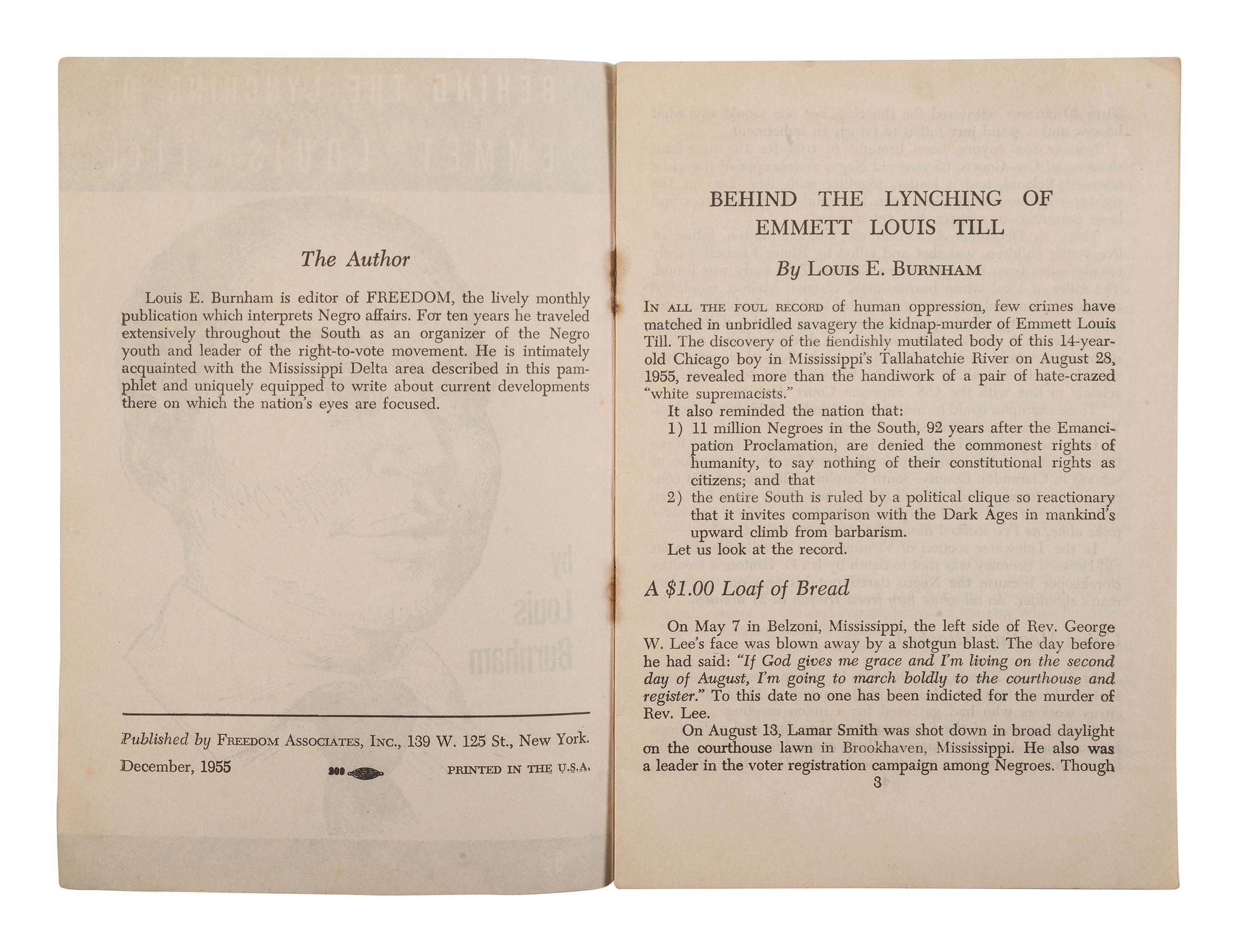 [TILL, EMMETT (1941-1955)]. BURNHAM, Louis E. Behind the Lynching of Emmet Louis Till. New York: Freedom Associates, Inc., 1955.