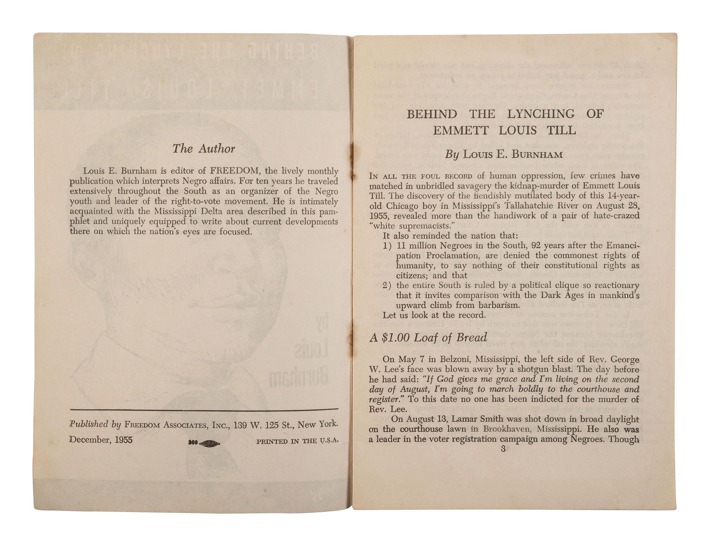[TILL, EMMETT (1941-1955)]. BURNHAM, Louis E. Behind the Lynching of Emmet Louis Till. New York: Freedom Associates, Inc., 1955.