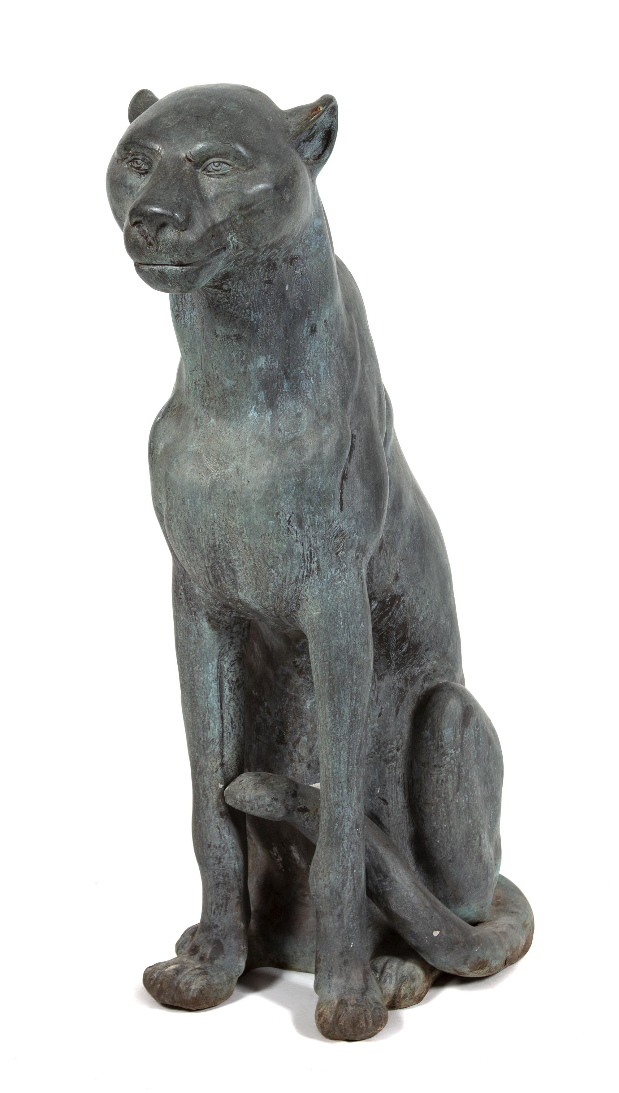 A Bronze Figure of a Seated Leopard Height 37 x width 13 x depth 16 1/2 inches. — 20TH CENTURY