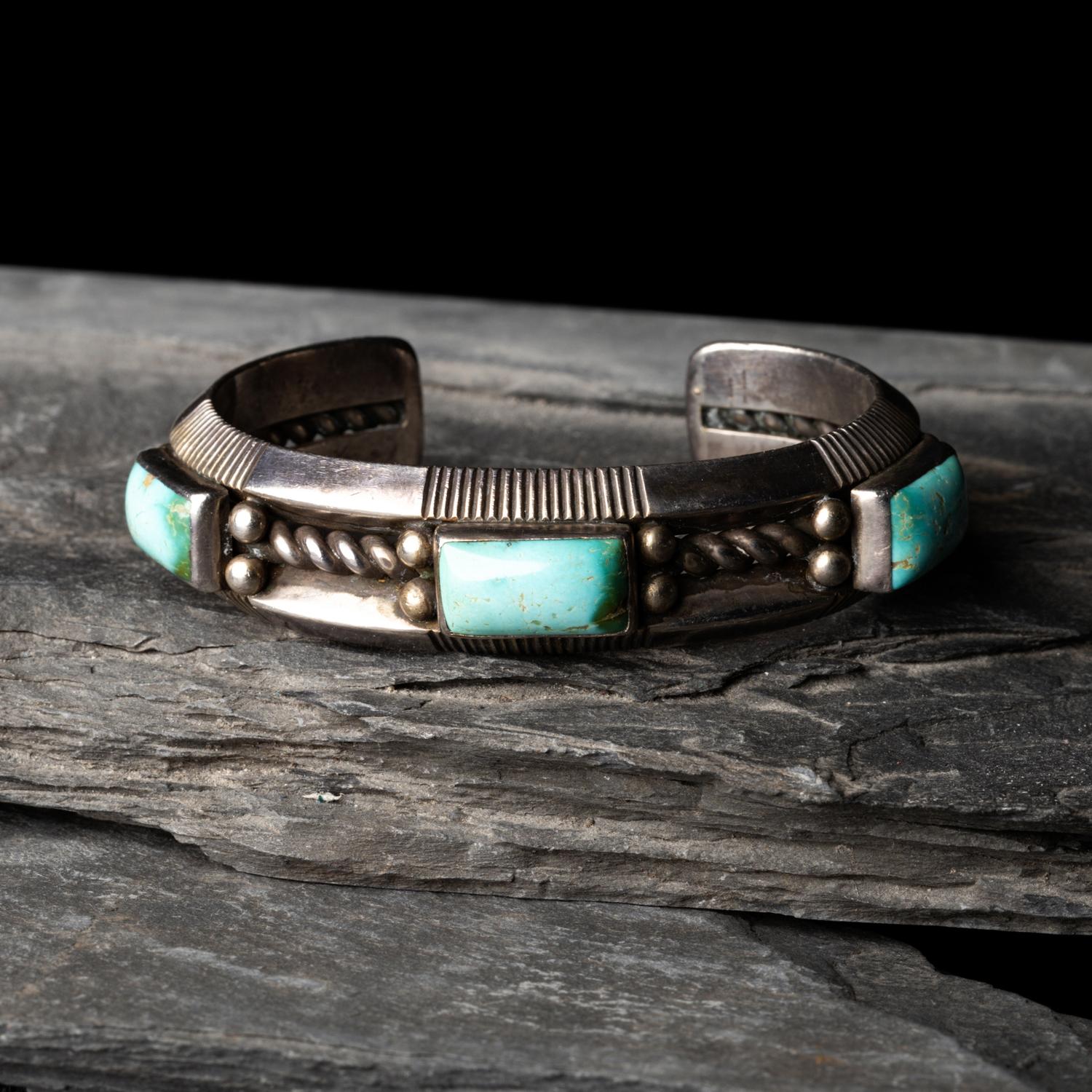 Perry Shorty (Diné, b. 1964) — Traditional Silver and Blue Gem Turquoise Cuff Bracelet