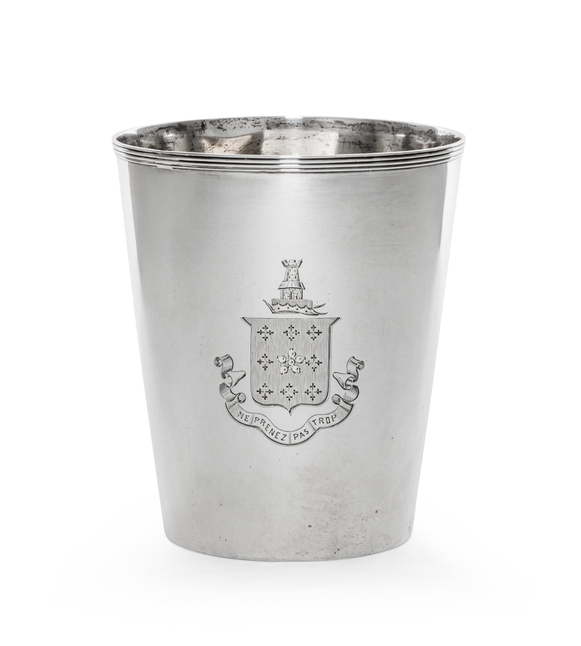 A French Silver Beaker, Maker's Mark IB/ID, Paris, 19th Century, tapered cylindrical form flared mouth and ringed decoration.