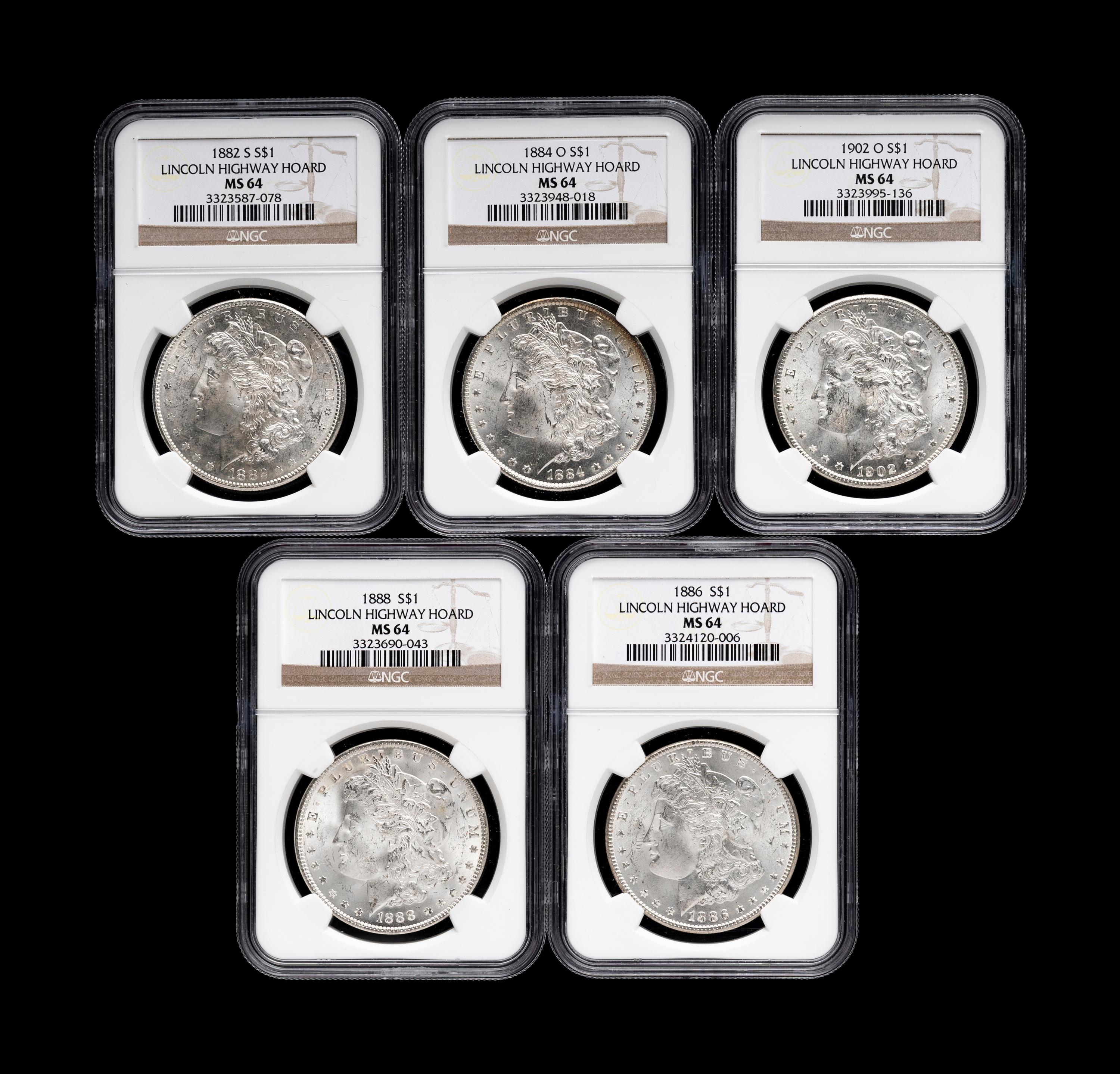 Five Morgan: Lincoln Highway Hoard $1 Coins (NGC MS64)