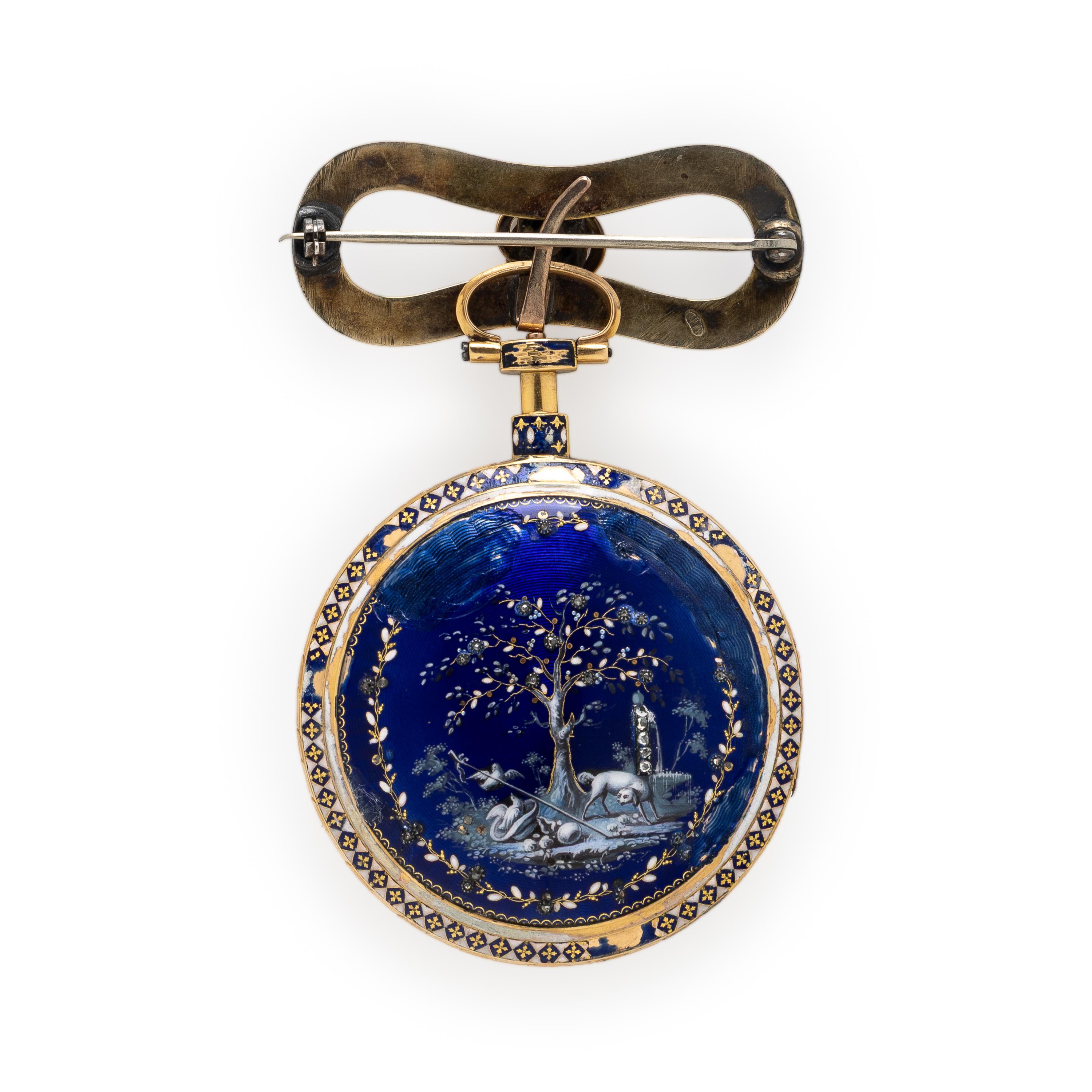 French, Enamel Open Face Pocket Watch Lapel Pin