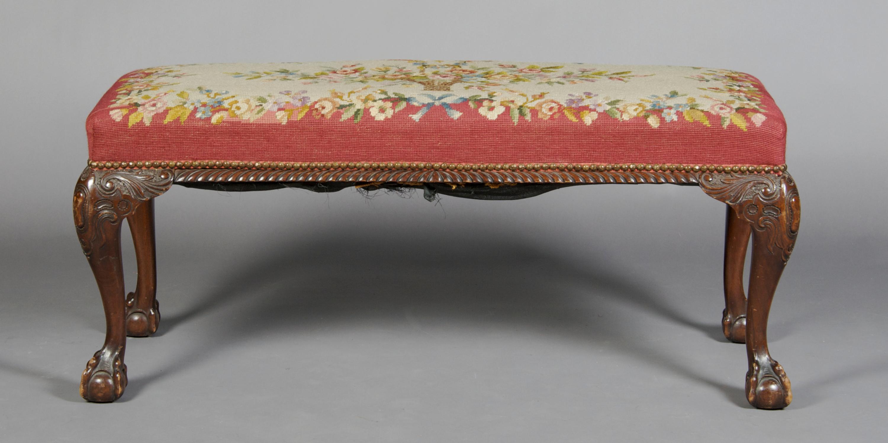 A Chippendale Style Mahogany Bench, Height 18 x width 42 x depth 16 1/2 inches.