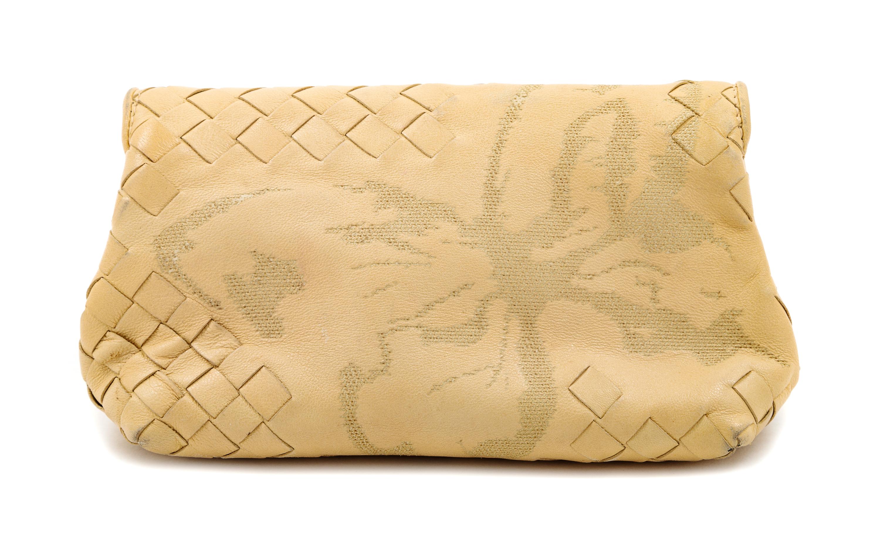 Bottega Veneta Tan Butterfly Intrecciato Clutch, 1980-2000s 6" L x 3.5" W x 3.5" H.