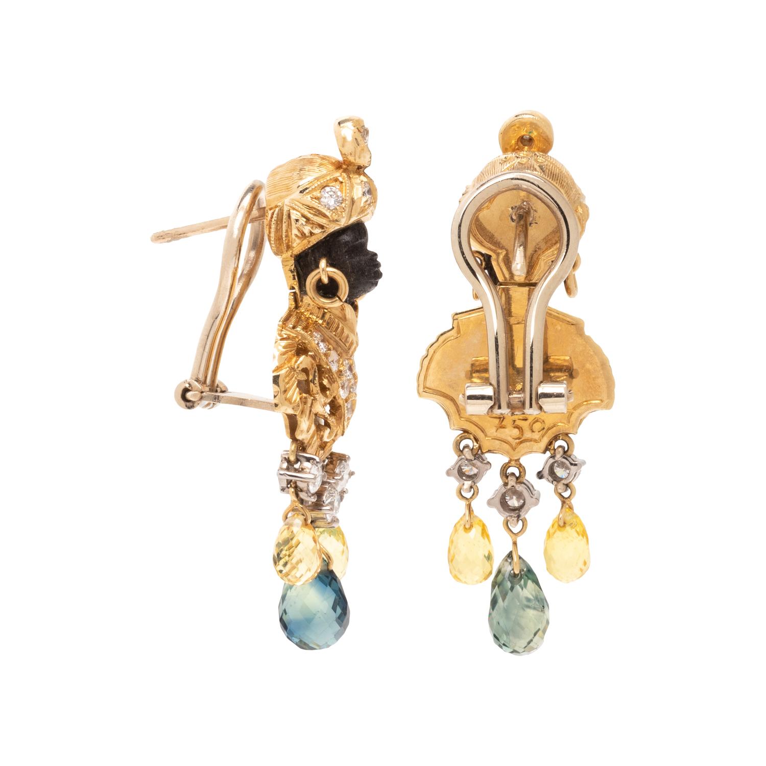 YELLOW GOLD, DIAMOND, GREEN AND YELLOW SAPPHIRE BLACKAMOOR CLIP EARRINGS