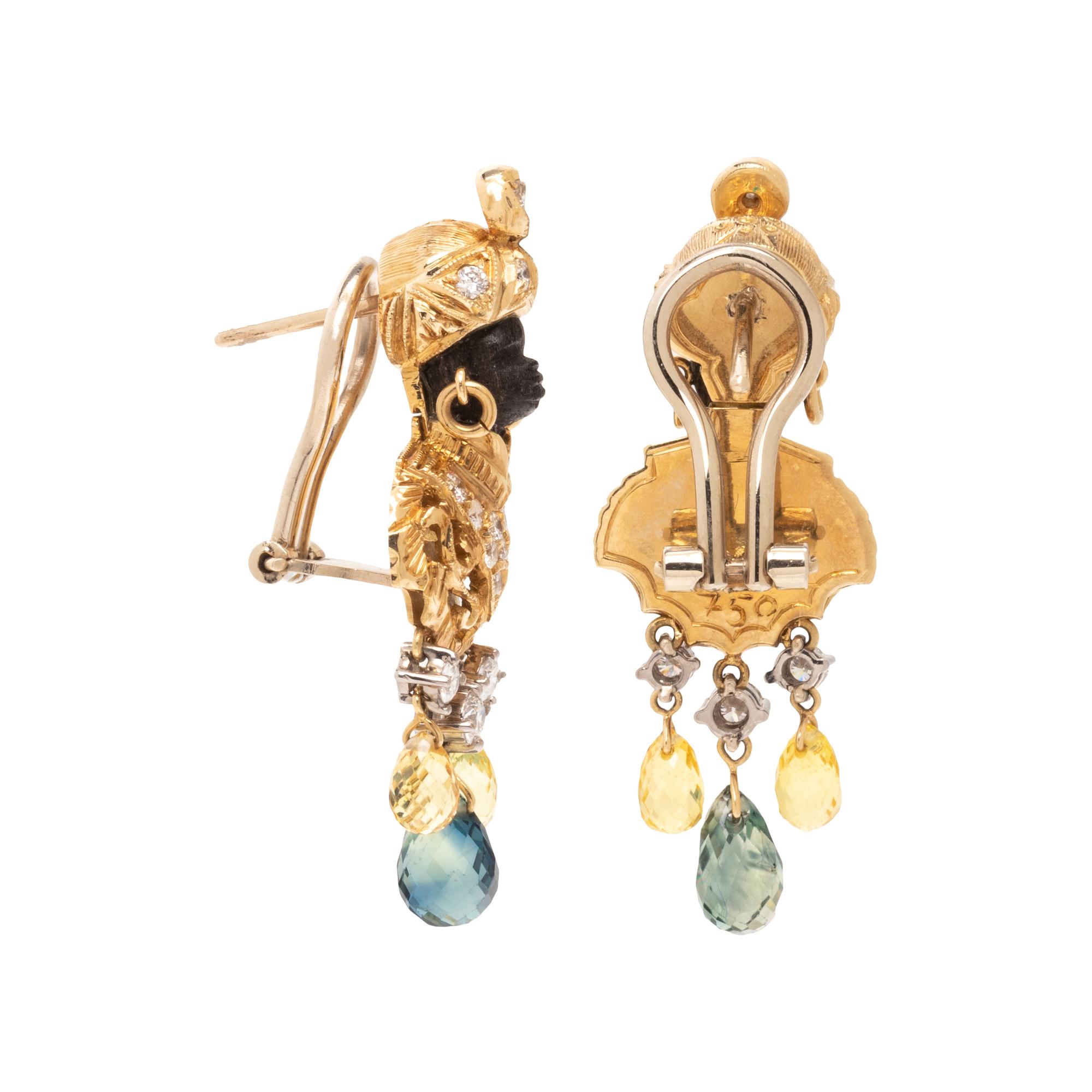 YELLOW GOLD, DIAMOND, GREEN AND YELLOW SAPPHIRE BLACKAMOOR CLIP EARRINGS