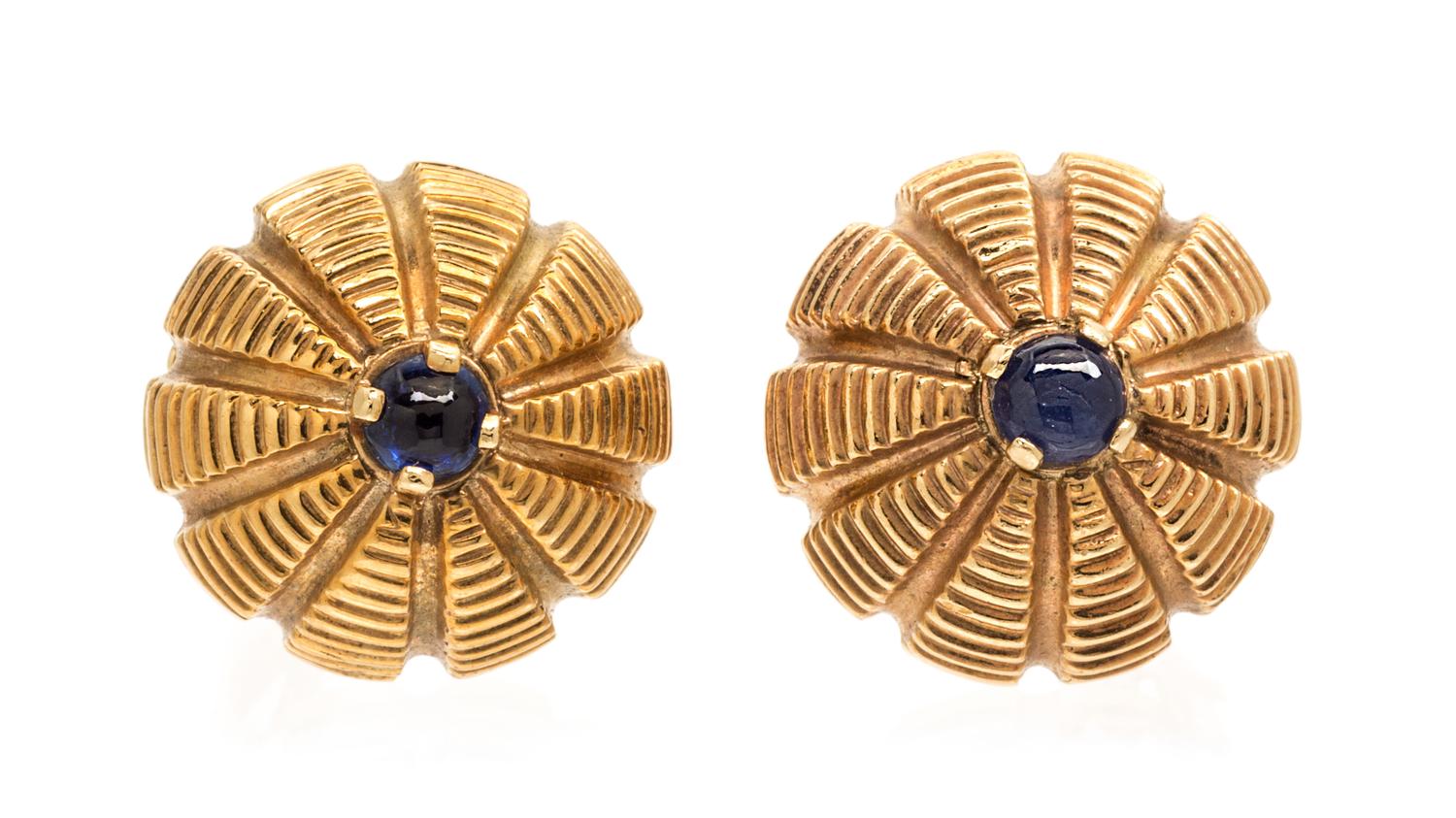 A Pair of Yellow Gold and Sapphire Earclips, 12.30 dwts.