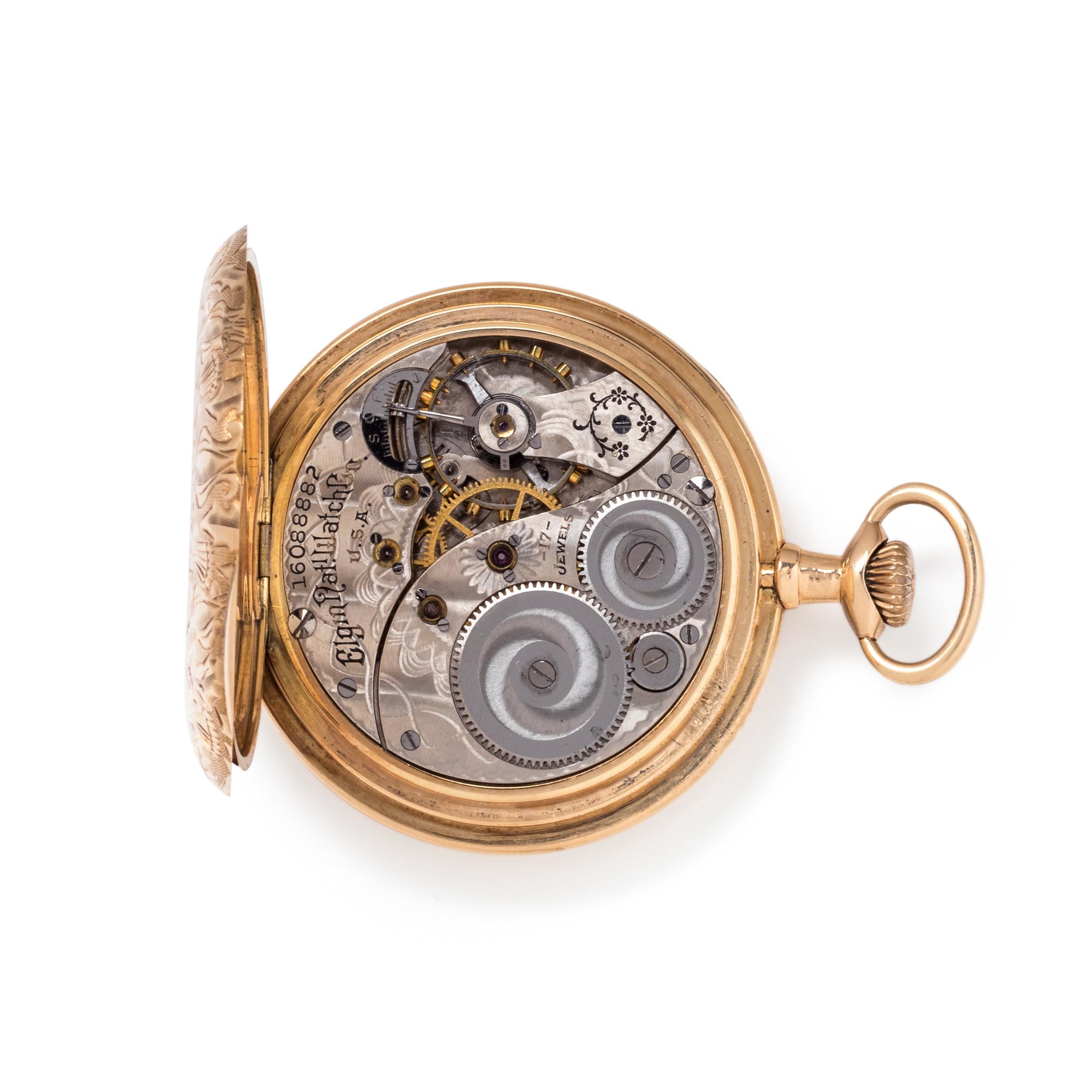 ELGIN, 14K YELLOW GOLD OPEN FACE POCKET WATCH WITH GOLD-FILLED FOB CHAIN