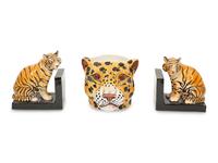 A Pair of Italian Glazed Terracotta Tiger Bookends and a Glazed Ceramic Leopard Head Jardiniere