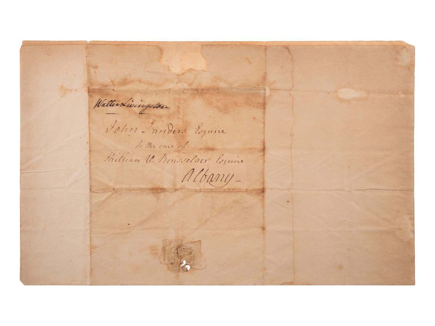 [POLITICS]. LIVINGSTON, Walter (1740-1797). Autograph letter signed ("Walter Livingston"), with franking signature on address panel of integral leaf ("Walter Livingston"), to an unnamed recipient. Manor Livingston, 30 November 1794.