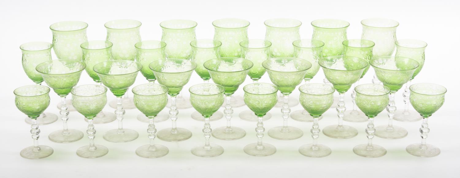 A Collection of Continental Etched Glass Stemware Height of tallest 6 inches.