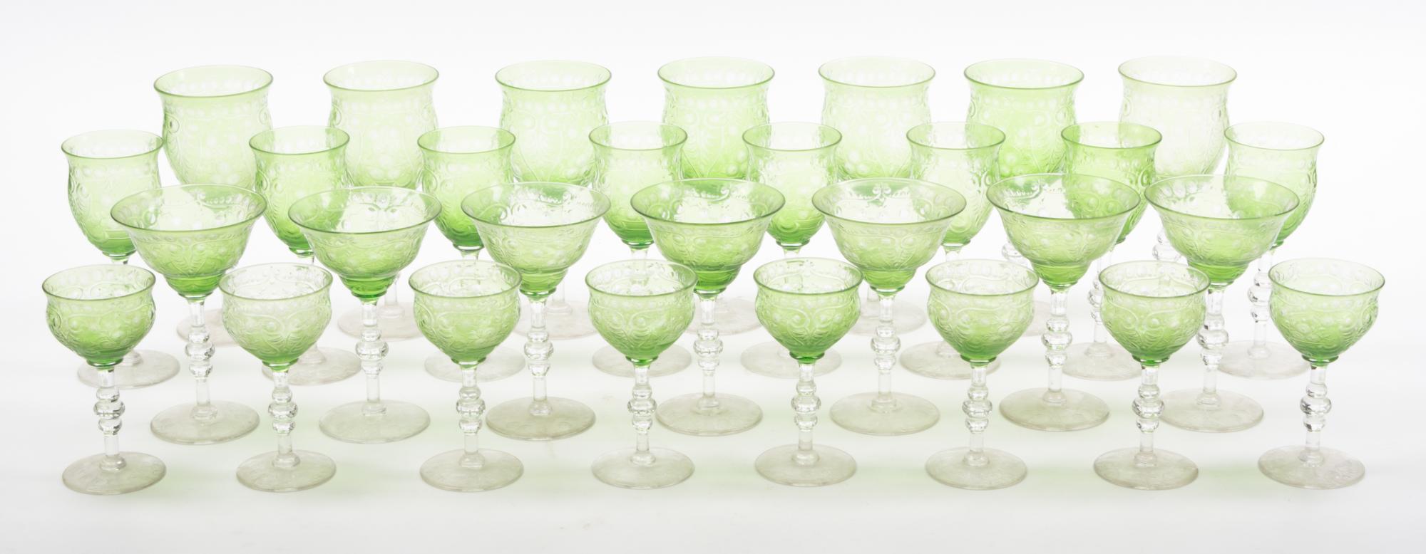 A Collection of Continental Etched Glass Stemware Height of tallest 6 inches.