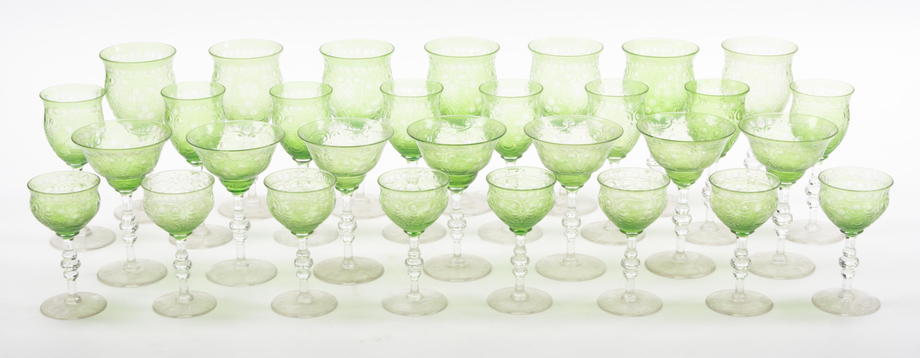 A Collection of Continental Etched Glass Stemware Height of tallest 6 inches.
